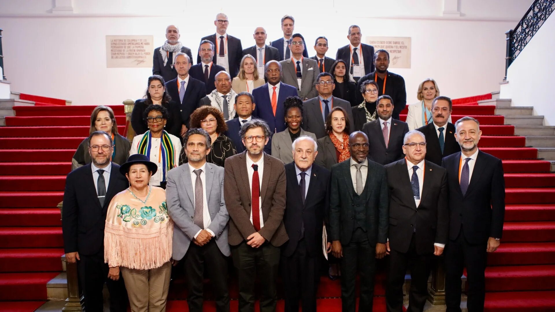 State representatives attending The Hague Group summit pose for a group photo at the Colombian ministry of foreign affairs in Bogota, 16 July 2025 (Progressive International)