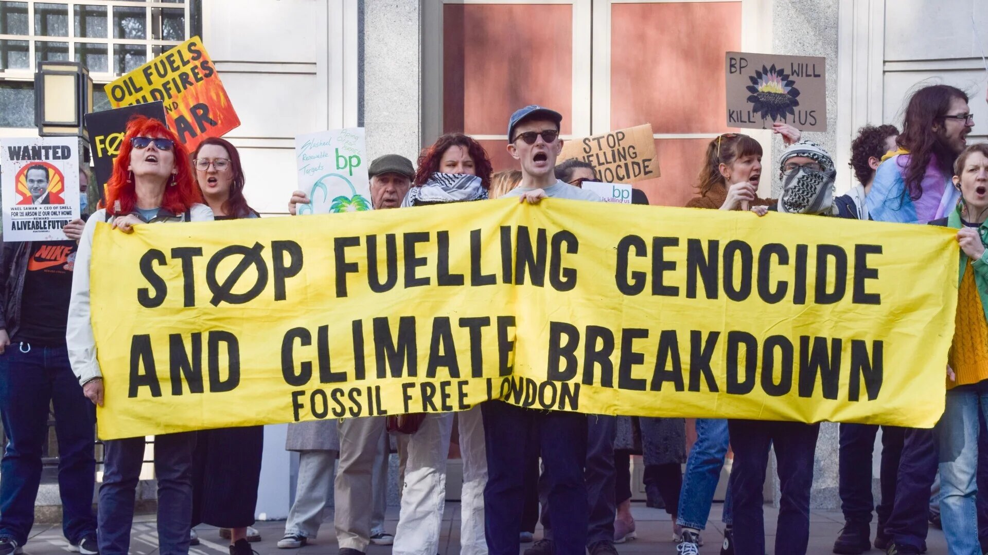 Activists from Fossil Free London and Energy Embargo For Palestine gather outside BP headquarters in London (Vuk Valcic/ZUMA Press Wire/Reuters)
