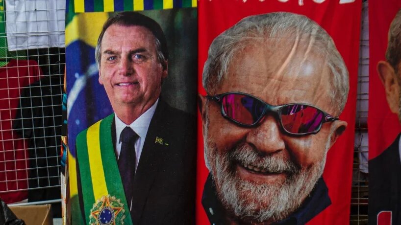 View of towels with the image of Brazilian President Jair Bolsonaro (L) and Brazilian former President Luiz Inacio Lula da Silva, in Rio de Janeiro, Brazil, on 27 September 2022.