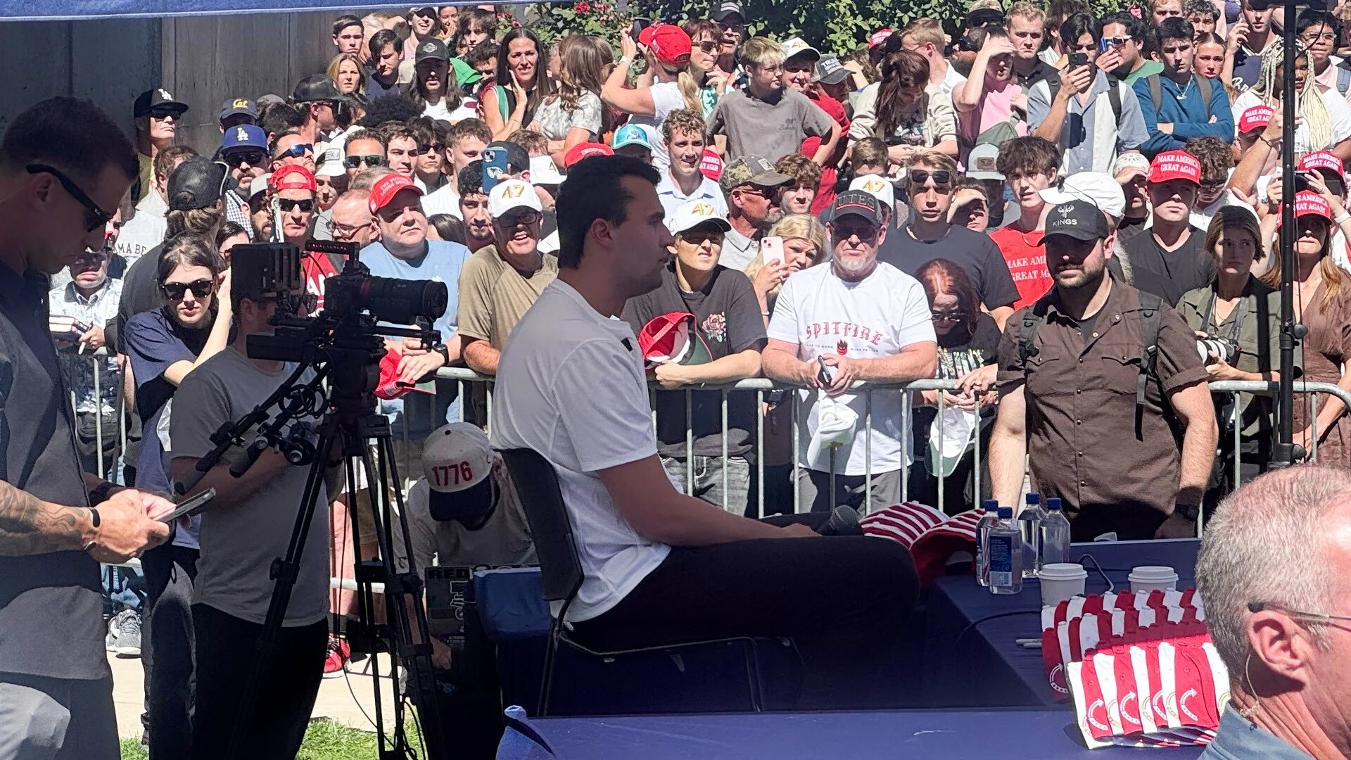 This screen grab from a video by Amy King shows right-wing influencer Charlie Kirk speaking during a public event at Utah Valley University minutes before he was shot in Orem, Utah, on 10 September 2025 (AFP/UGC/Amy King)
