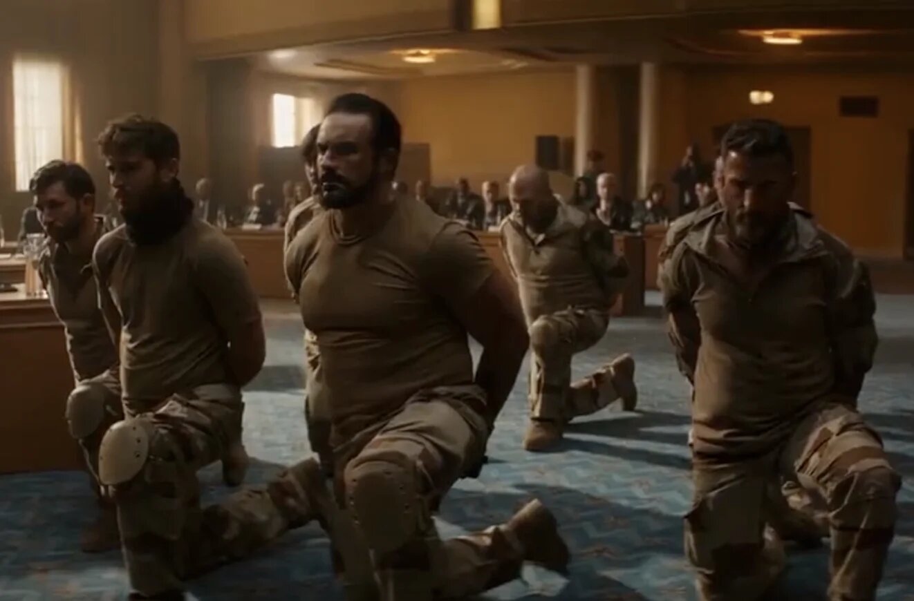 Le film de Ryan Coogler, sorti en France fin 2022, met en scène des soldats français prisonniers à genou devant la reine du Wakanda, un royaume fictif, en tenue proche de celles des soldats français déployés au Mali (capture d’écran) 