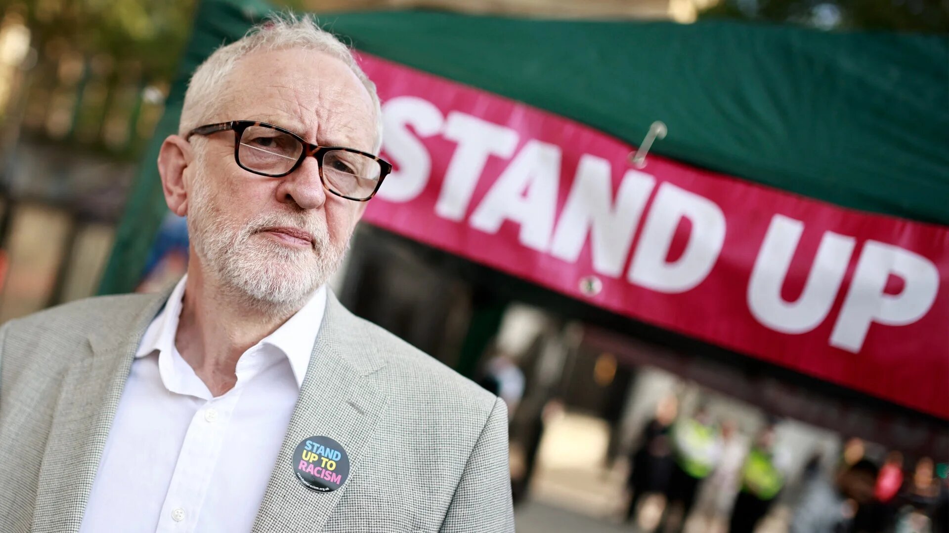 Jeremy Corbyn addresses demonstrators at a protest near the gates of 10 Downing Street on 8 May during an anti-racism rally (Benjamin Cremel/AFP)