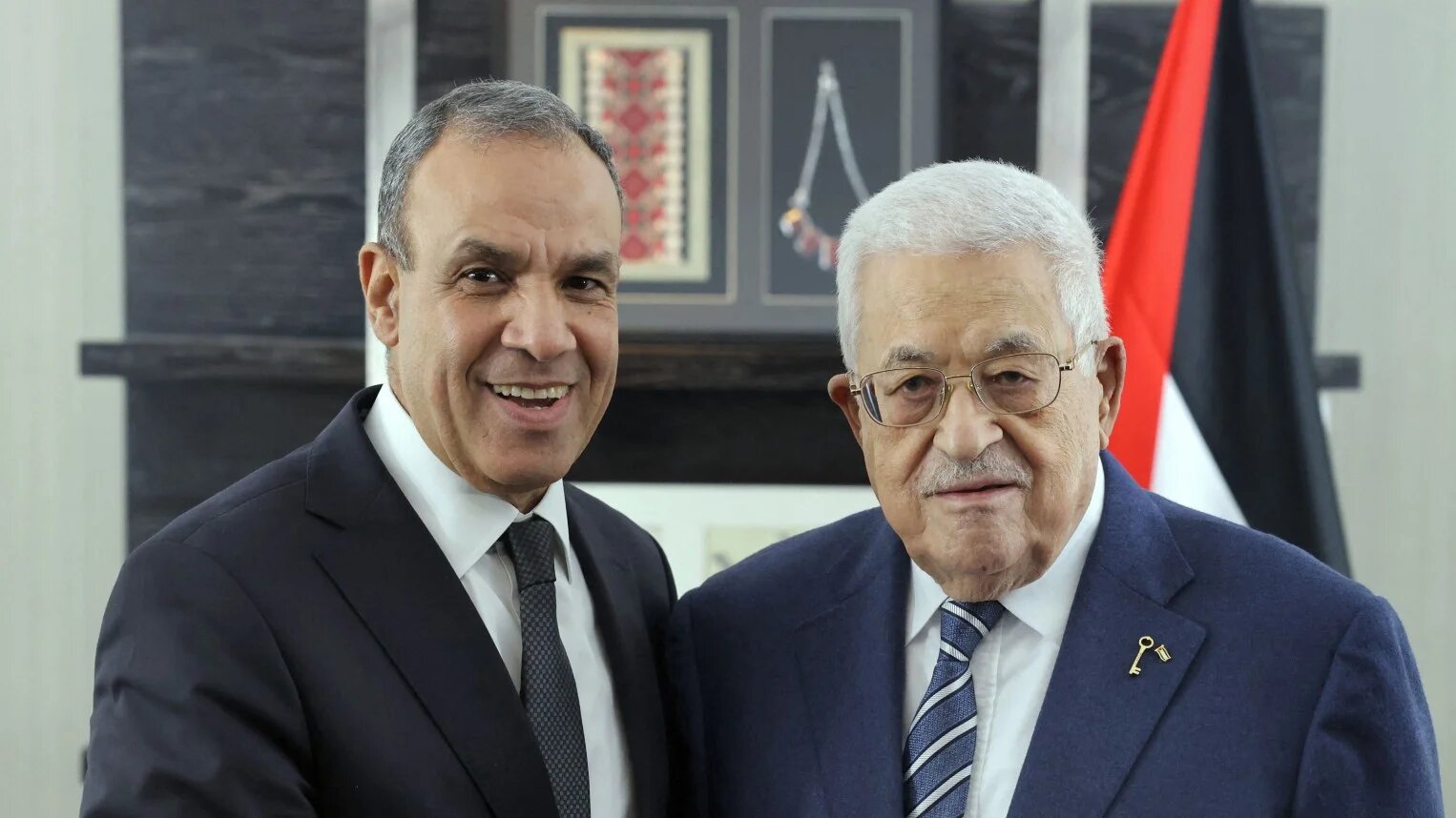 Palestinian Authority President Mahmoud Abbas (R) meets with Egypt's Foreign Minister Badr Abdelatty at the United Nations General Assembly in New York on 23 September 2024 (PA press office/AFP)