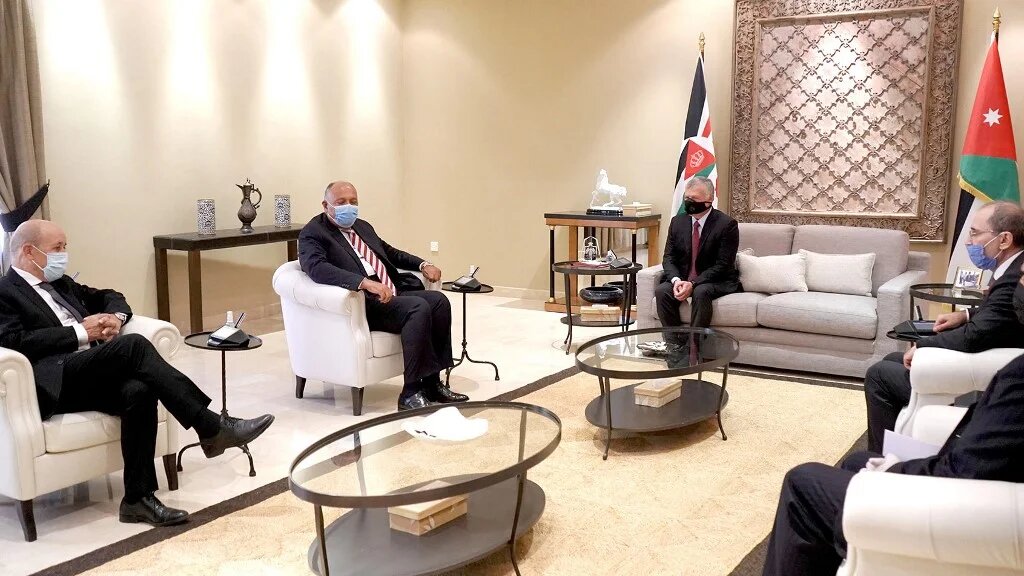 The top diplomats from Egypt, France, and Jordan met in Amman, while Germany's Heiko Maas joined virtually.