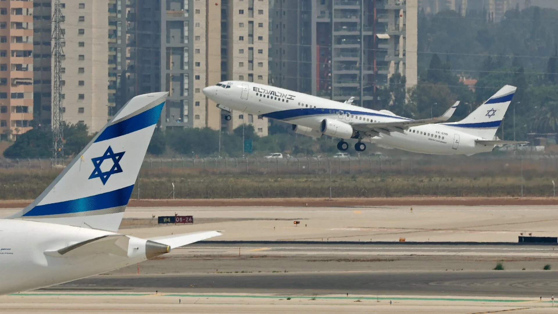 A picture taken on August 31, 2020, shows the El Al's airliner at the Ben Gurion Airport near Tel Aviv (AFP/Jack Guez)