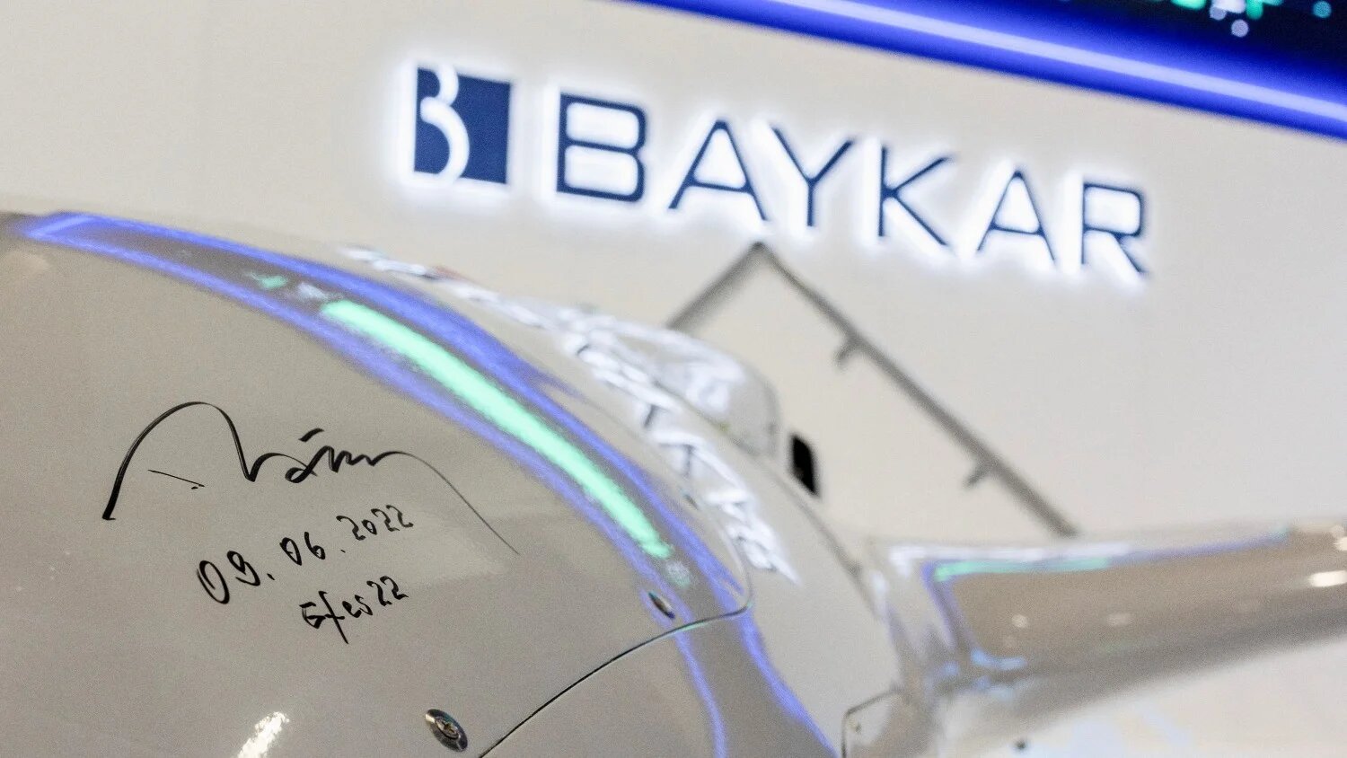 Signature of Turkey's President Recep Tayyip Erdogan is pictured on a Bayraktar drone at SAHA EXPO Defence & Aerospace Exhibition in Istanbul, Turkey, on 27 October 2022.