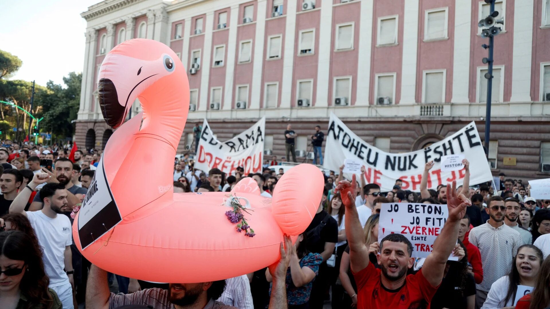 Protestors gather in front of Albania's Prime Minister's Office in Tirana on 4 June 2026 during the fourth day of demonstration against the construction of a new luxury resort (AFP/Stringer)