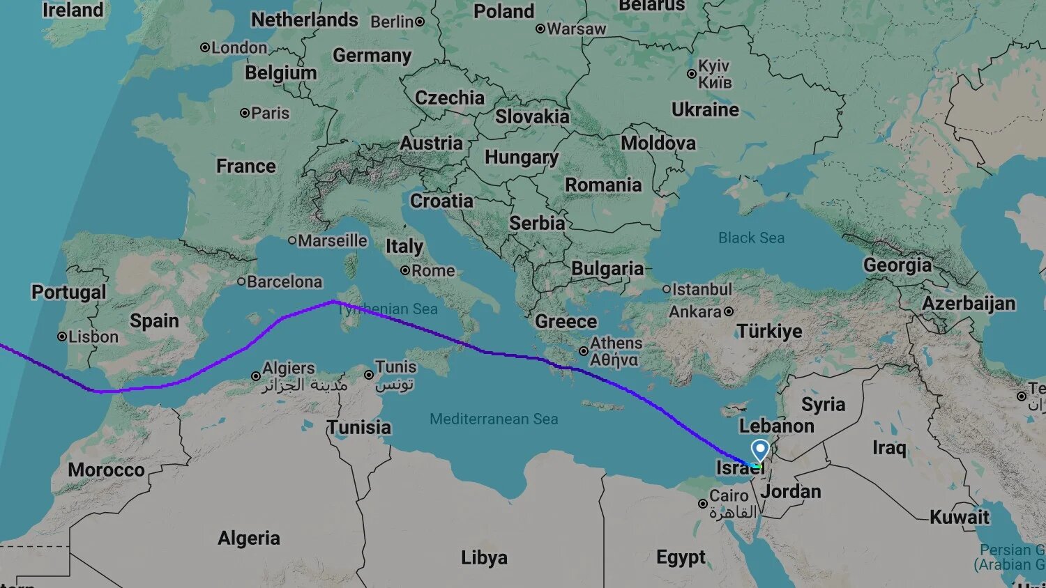 Israeli Prime Minister Benjamin Netanyahu's flight tracker shows its route between Israel and the US, flying over Greece and Italy on 25 September 2025 (Flightradar24/Screengrab)