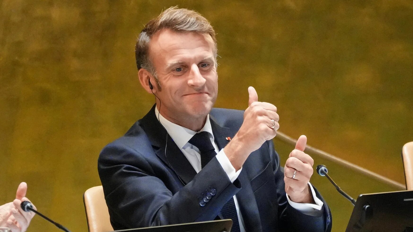 French President Emmanuel Macron gives a thumbs-up during a high-level meeting of heads of state on a two-state solution between Israel and the Palestinians at United Nations headquarters in New York City, US on 22 September 2025 (Eduardo Munoz/Reuters)