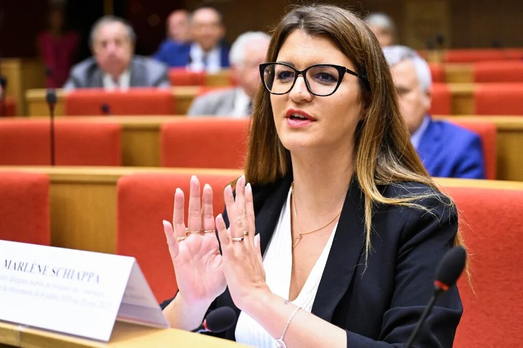 Marlène Schiappa, secrétaire d’État à l’Économie sociale et solidaire, face à la commission d’enquête du Sénat dans le cadre de l’affaire du Fonds Marianne, le mercredi 14 juin 2023 (AFP/Bertrand Guay)