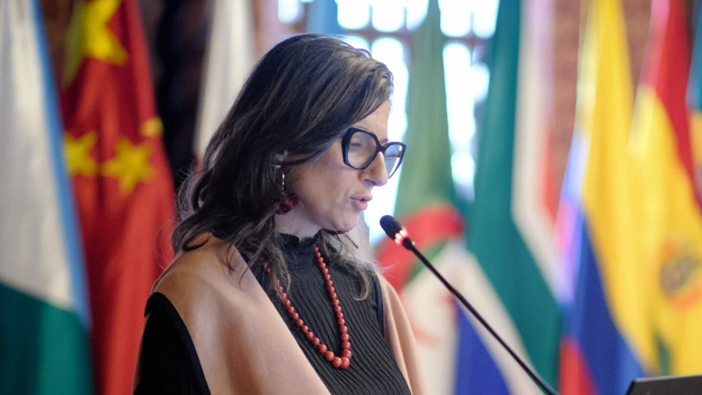 UN rapporteur on Palestine, Francesca Albanese, speaks during the opening of The Hague Group summit in Bogota, 15 July 2025 (Progressive International)