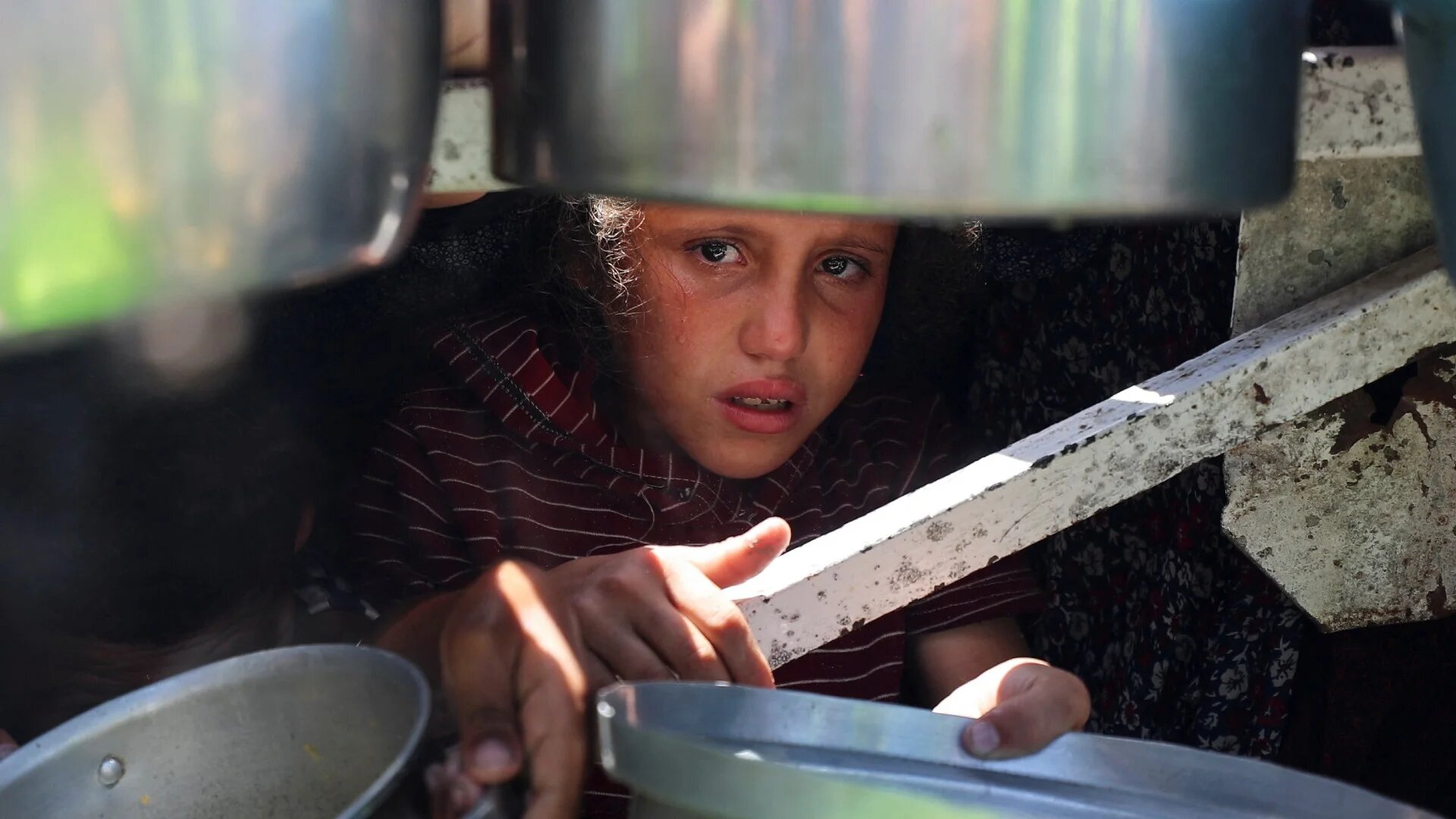 A Palestinian waits to receive food from a charity kitchen, amid a hunger crisis, in Gaza City, 23 July 2025. (Reuters/Mahmoud Issa)