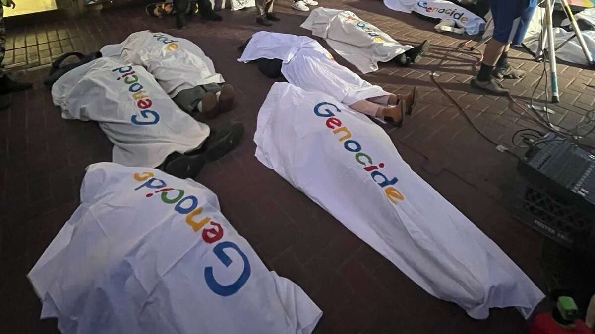 Google workers activists hold a protest at Google against the company's partnerships with Israel on 14 December 2023.