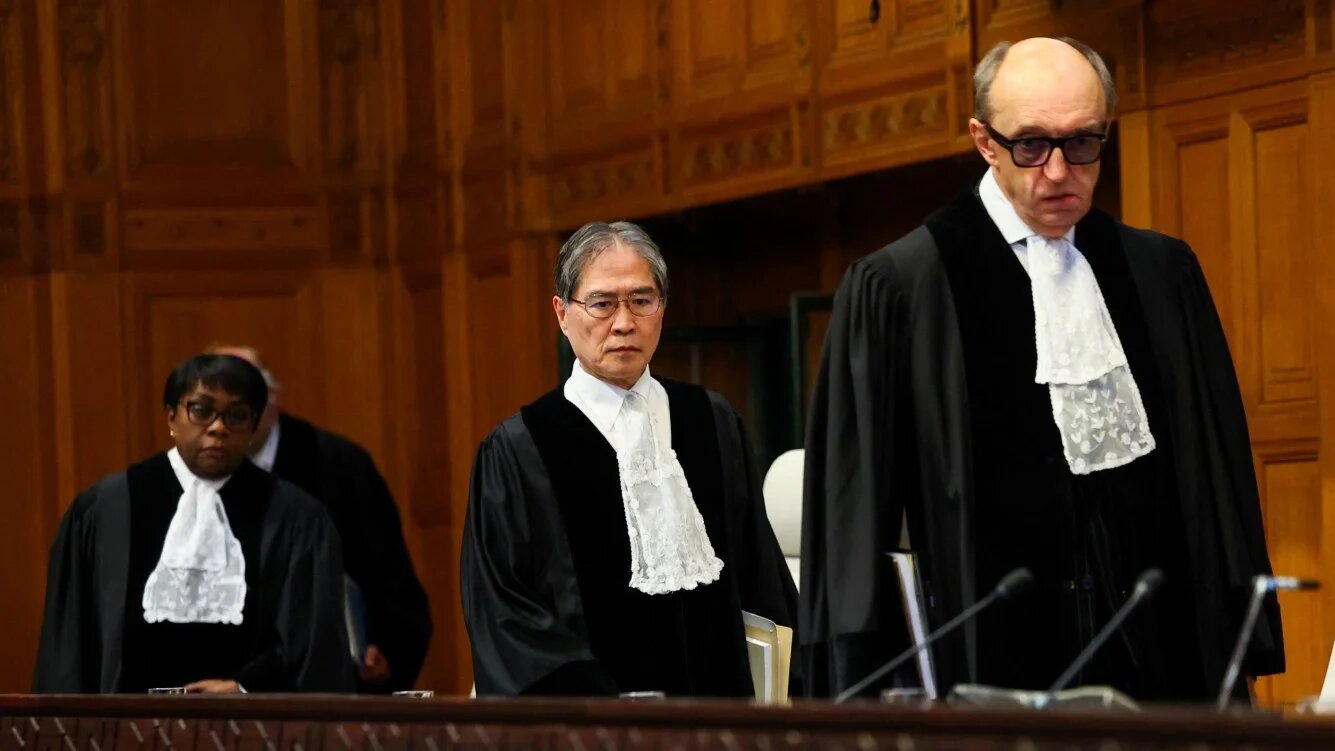 ICJ judges arrive to deliver an advisory opinion on Israel's legal obligations to facilitate humanitarian aid to Palestinians on 22 October (Reuters)