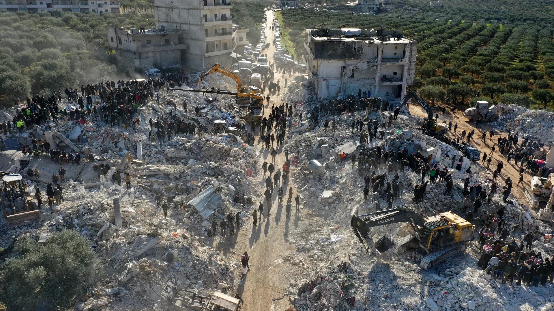 An aerial picture of the village of Besnaya in Syria's rebel-held northwestern Idlib province at the border with Turkey following an earthquake on 7 February 2023 (AFP)