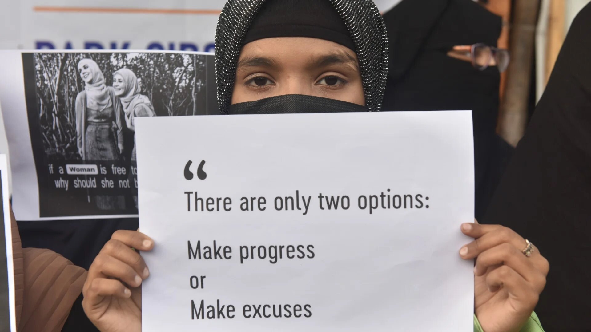 A woman takes part during a demonstration to protest against the ban of Hijab wearing by the Muslim female students in the educational institutions in Kolkata, India, on 10 February, 2022 (Reuters)
