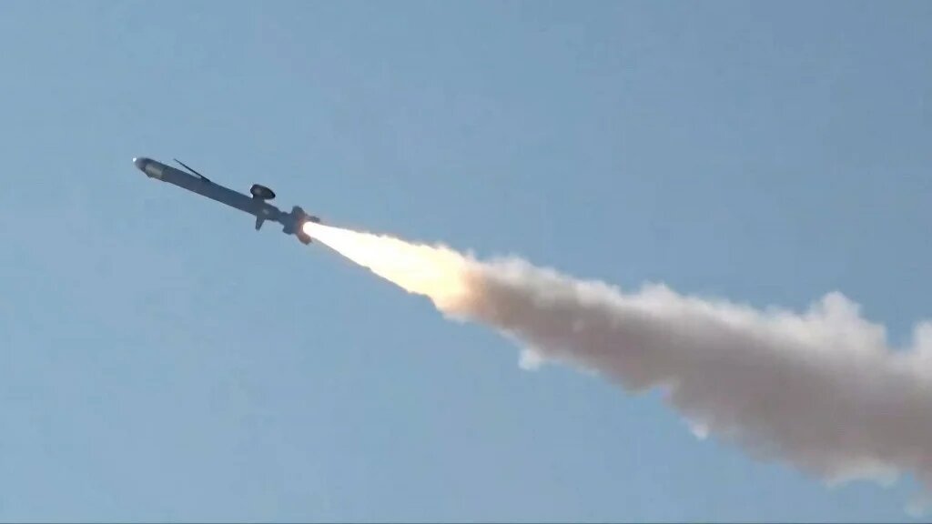 This photo from 1 February 2025 shows a test launch during the unveiling of the Ghadr-380 naval cruise missile in an undisclosed location in Iran (Iran’s Revolutionary Guard via Sepah News/AFP)