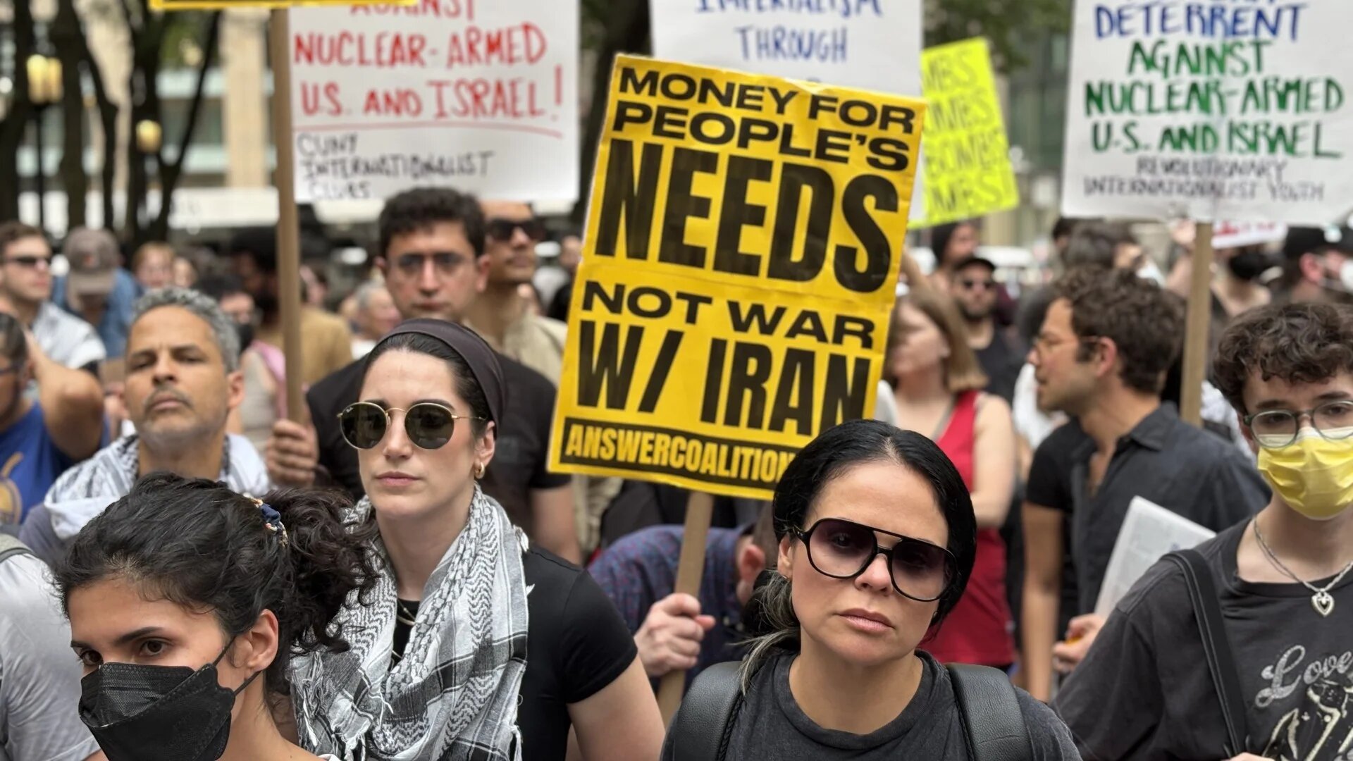 Hundreds of protesters assembled on the steps of the New York Public Library on 18 June 2025 to protest against Israel's assault on Iran (Azad Essa/MEE)