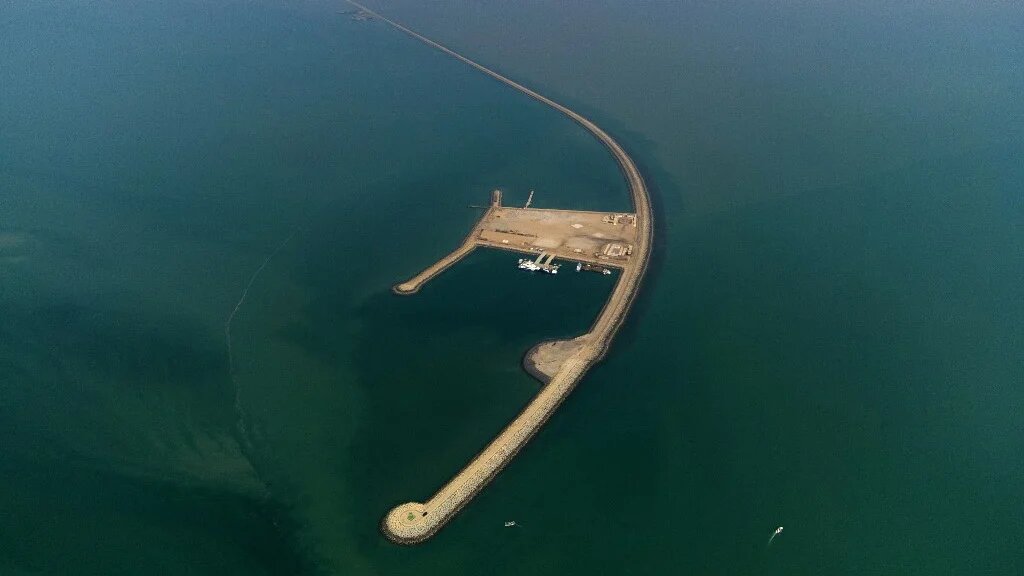 An aerial photo taken in October 2022 shows the Grand Faw Port project, which is under construction in the southern Iraqi city of Basra