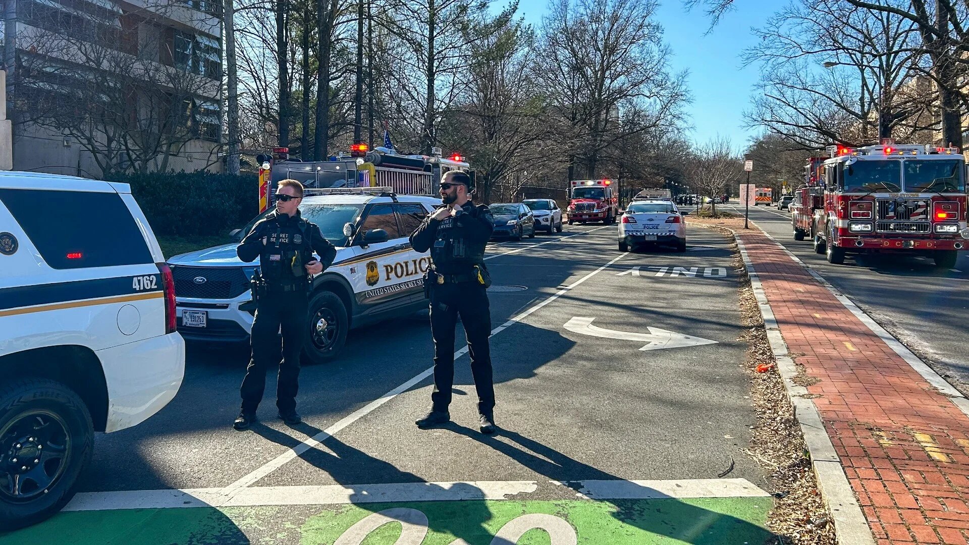 Members of the US Secret Service uniformed division block access to a street leading to the Embassy of Israel in Washington, DC on 25 February 2024 (Mandel Ngan/AFP)