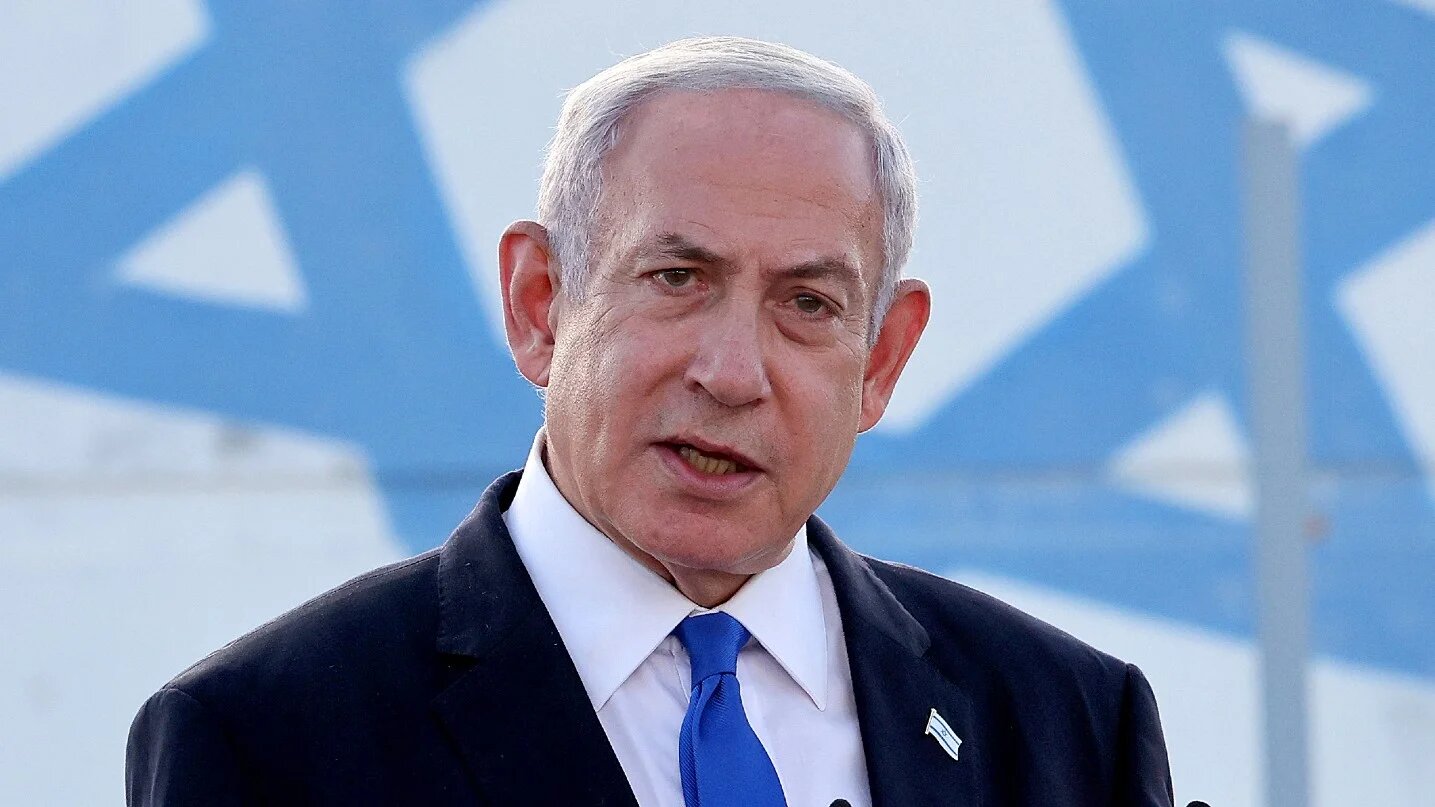 Israel's Prime Minister Benjamin Netanyahu delivers a speech at the Palmachim Airbase near the city of Rishon LeZion on 5 July 2023 (Jack Guez/AFP)