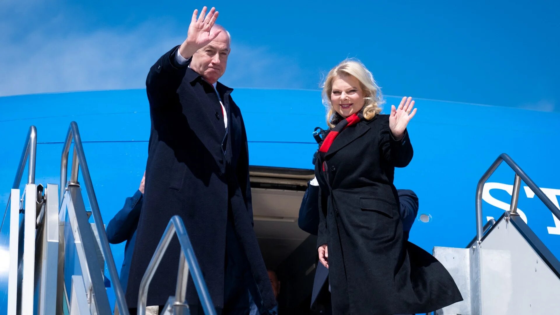 Israeli Prime Minister Benjamin Netanyahu and his wife Sara board an aeroplane at the Ferenc Liszt airport in Budapest, Hungary, on 6 April (AFP/Sztaniszlav Horvath/Hungarian defence ministry)