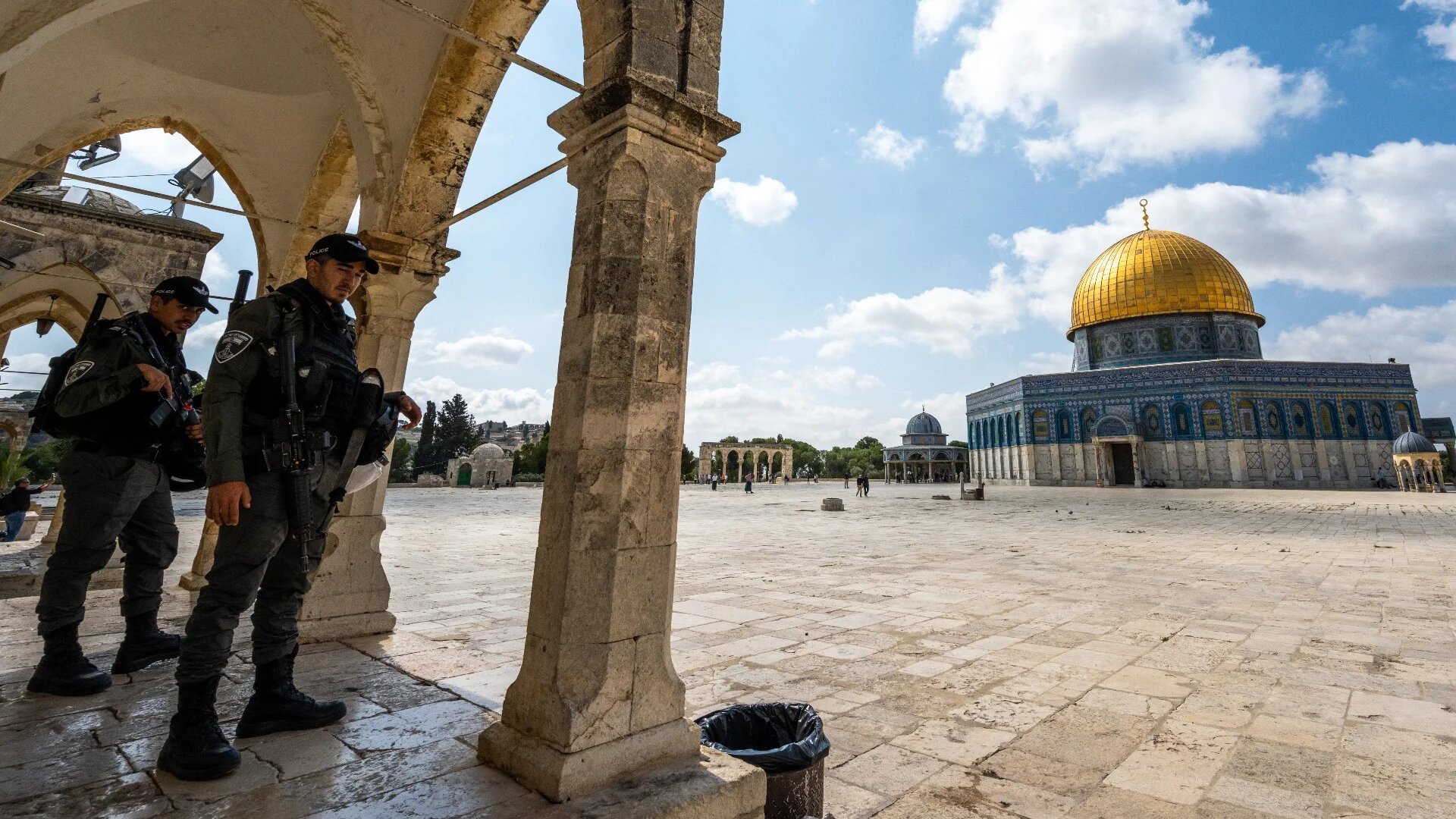 Israeli police stand at Al-Aqsa Mosque in occupied East Jerusalem on 18 June 2023 (AFP)