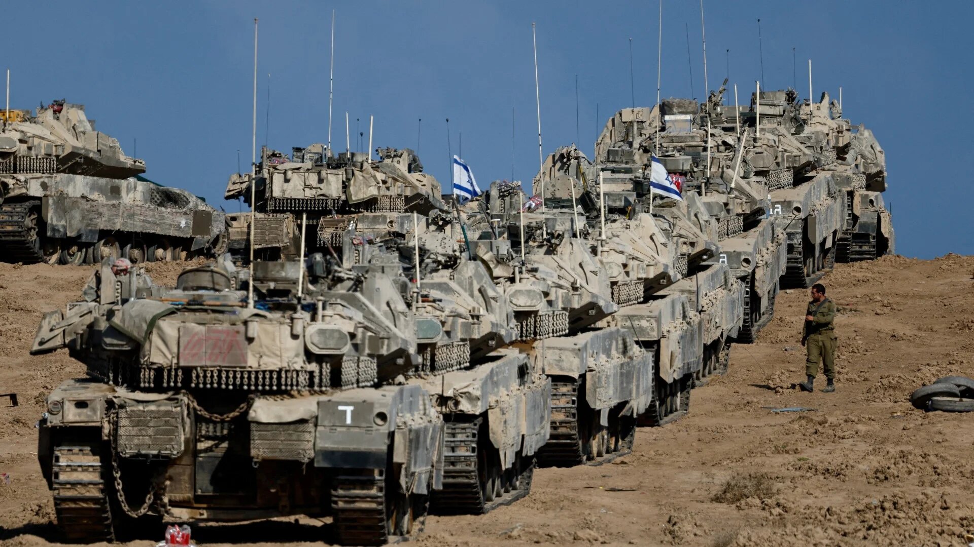 Israeli military vehicles near the boundary with Gaza, in Israel, on 17 September 2025 (Amir Cohen/Reuters)