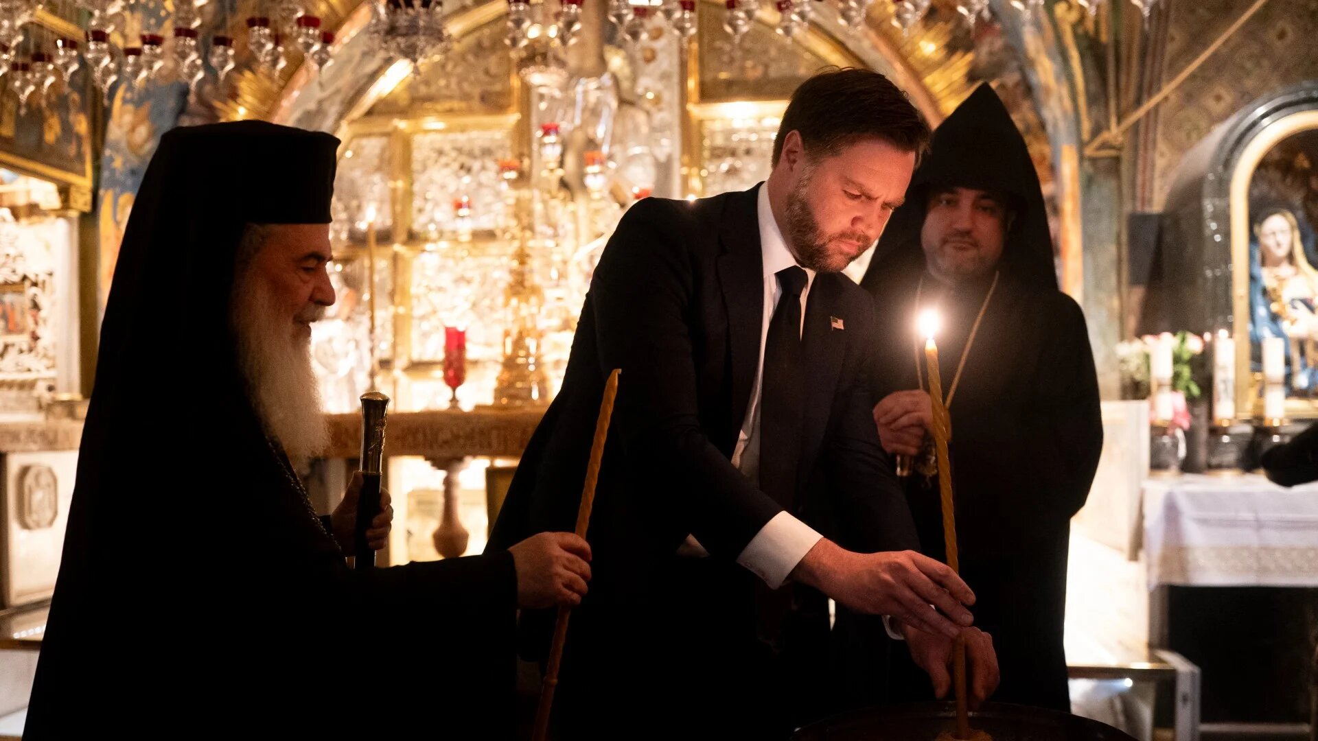 US Vice President JD Vance tours the Church of the Holy Sepulchre in the Old City of Jerusalem on 23 October 2025 (Nathan Howard/AFP)