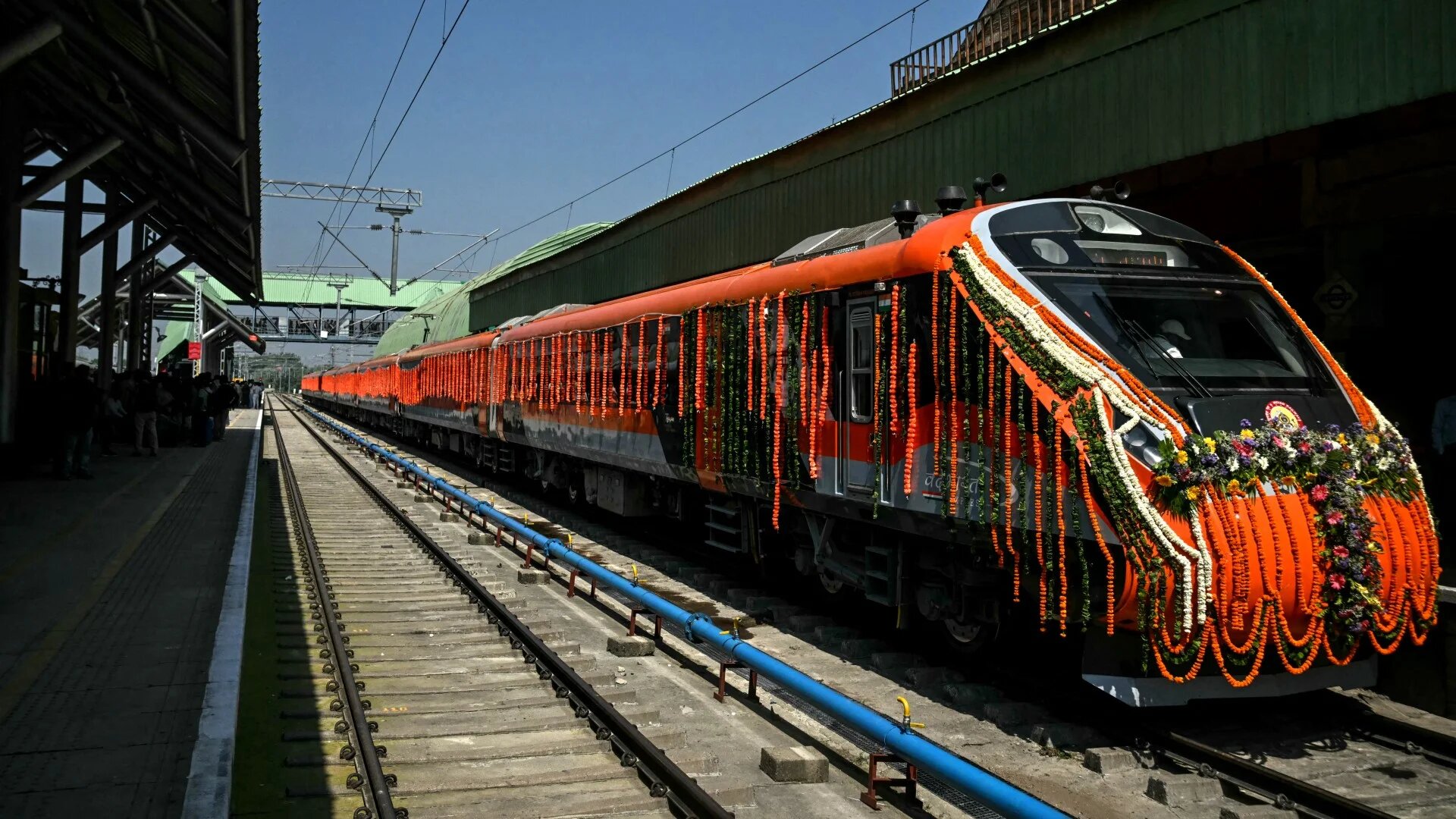 A decorated Vande Bharat passenger train is pictured at the Srinagar railway station in Srinagar on June 6, 2025, ahead of the inauguration of the Kashmir rail link by (Tauseef Mustafa/AFP)