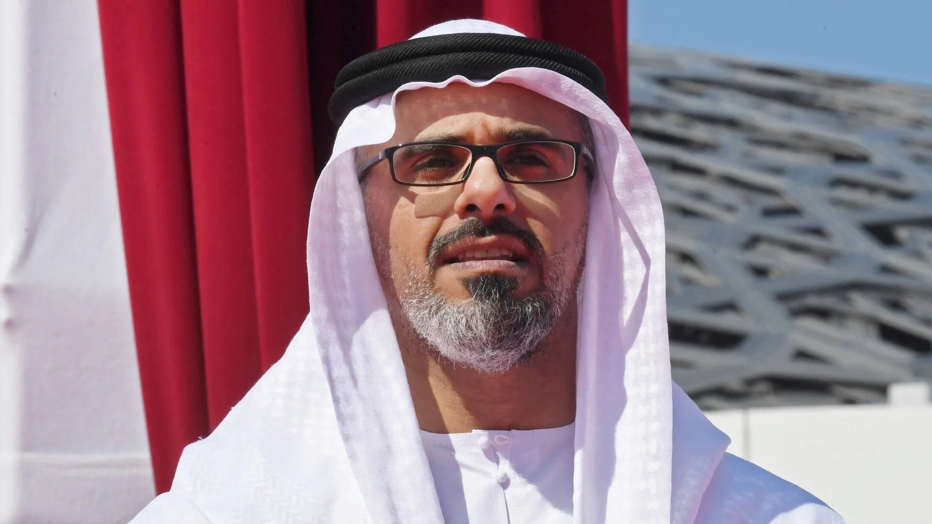 Khaled bin Mohammed bin Zayed al-Nahyan during a ceremony marking the second anniversary of Abu Dhabi's Louvre museum on 11 November 2019 (AFP)