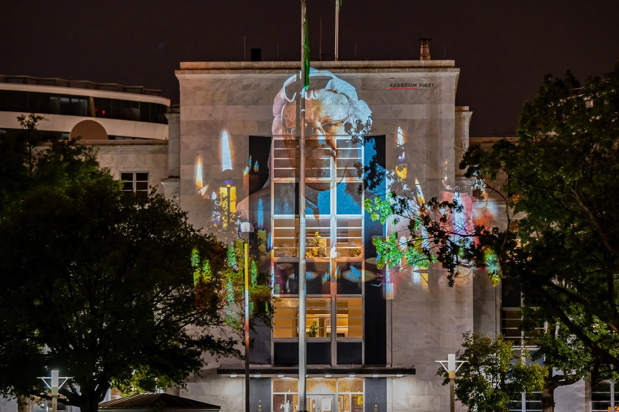 A photo of Jamal Khashoggi projected onto the Saudi embassy in Washington DC.