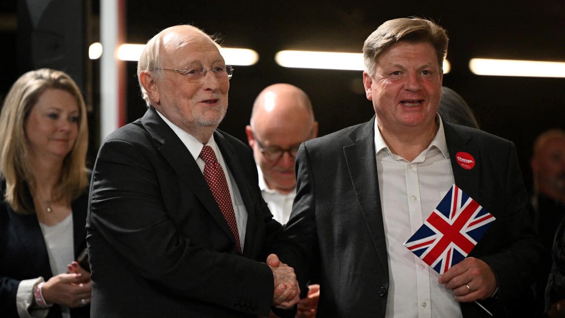 Britain's former Labour Party leader Neil Kinnock (L) attends the party's victory rally at the Tate Modern in London early on 5 July 2024 (Justin Tallis/AFP)