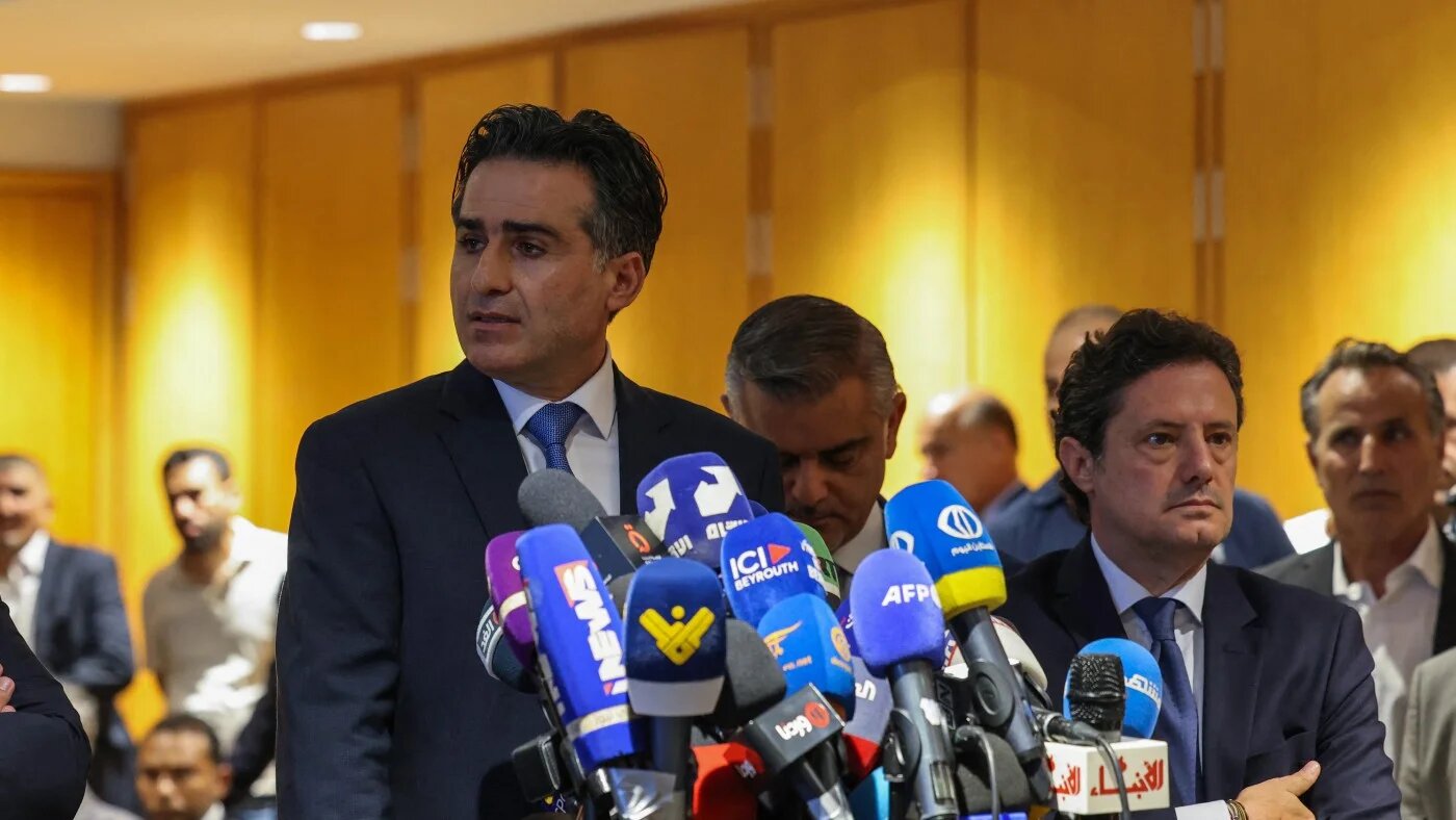 Lebanese Minister of Public Works and Transport Ali Hamiyeh speaks during a press point conference at Beirut's international airport on 24 June 2024.