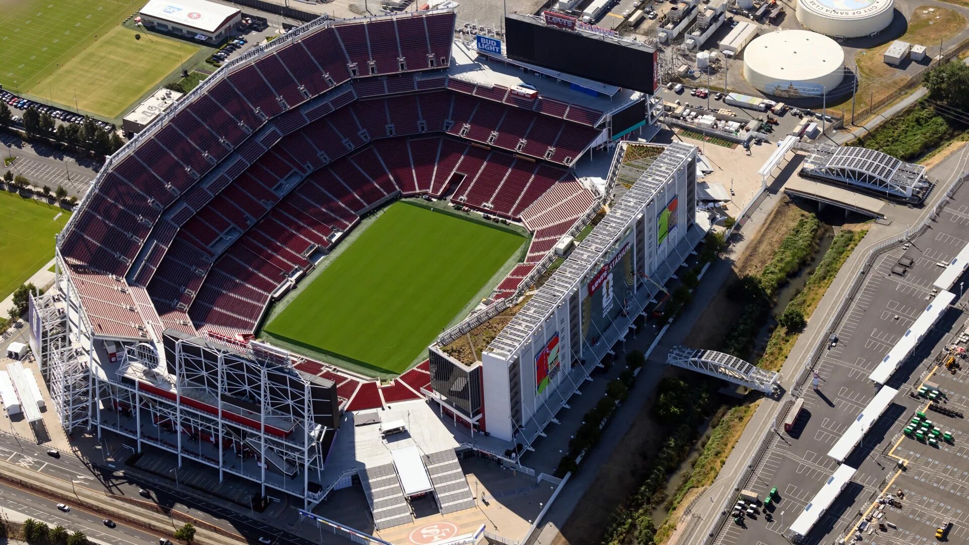 The San Francisco Bay Area Stadium (temporarily renamed from Levi's Stadium) is seen from the air in Santa Clara, California, on 19 May 2026 (Josh Edelson/AFP)