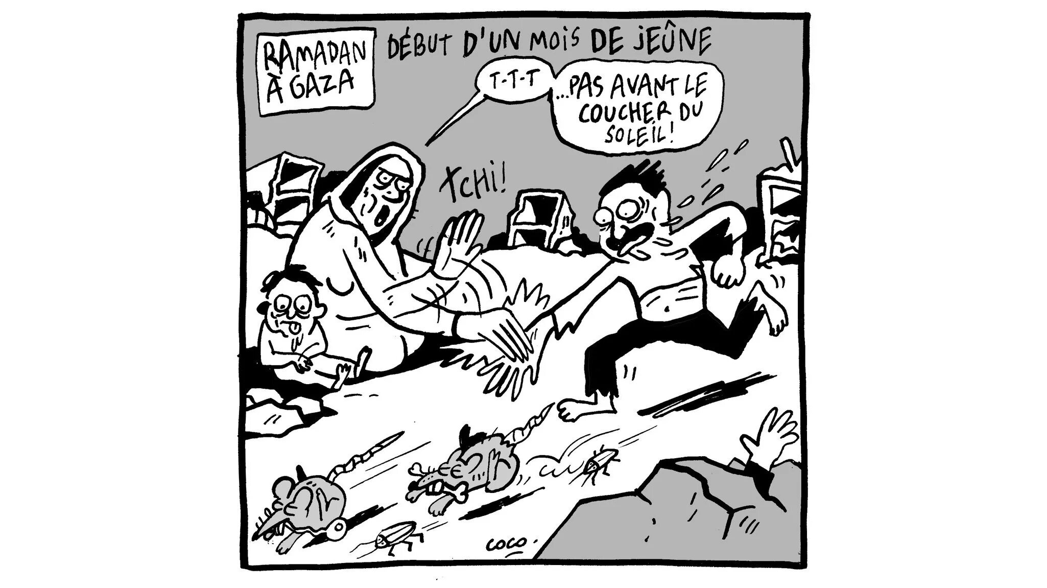 The minimal black-and-white line drawing depicts a Palestinian woman scolding a starving man in Gaza, asking him to wait until after sunset to hunt rats