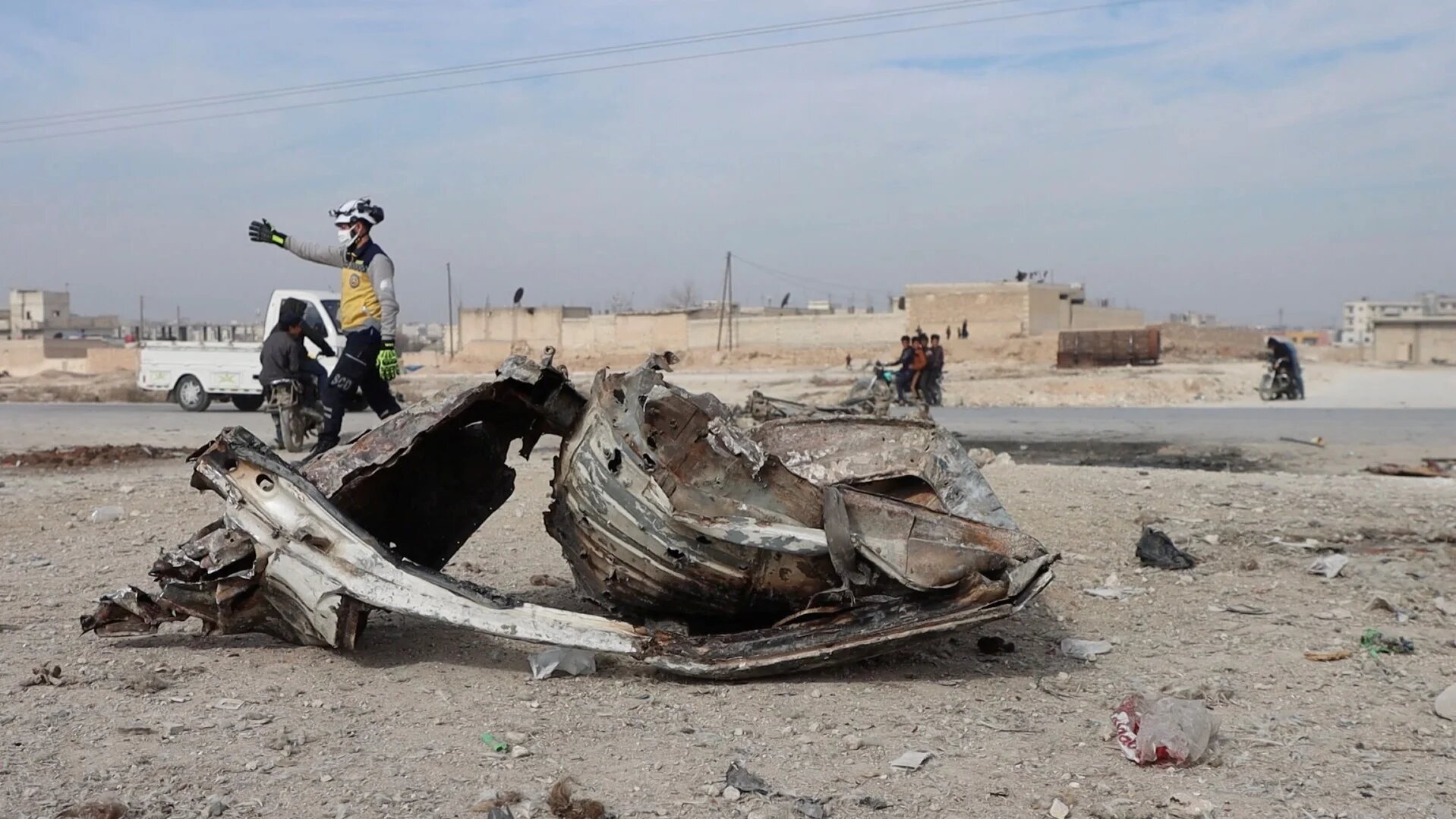 The aftermath of a car bomb explosion, in Manbij, Syria, 3 February (The White Helmets/Reuters)