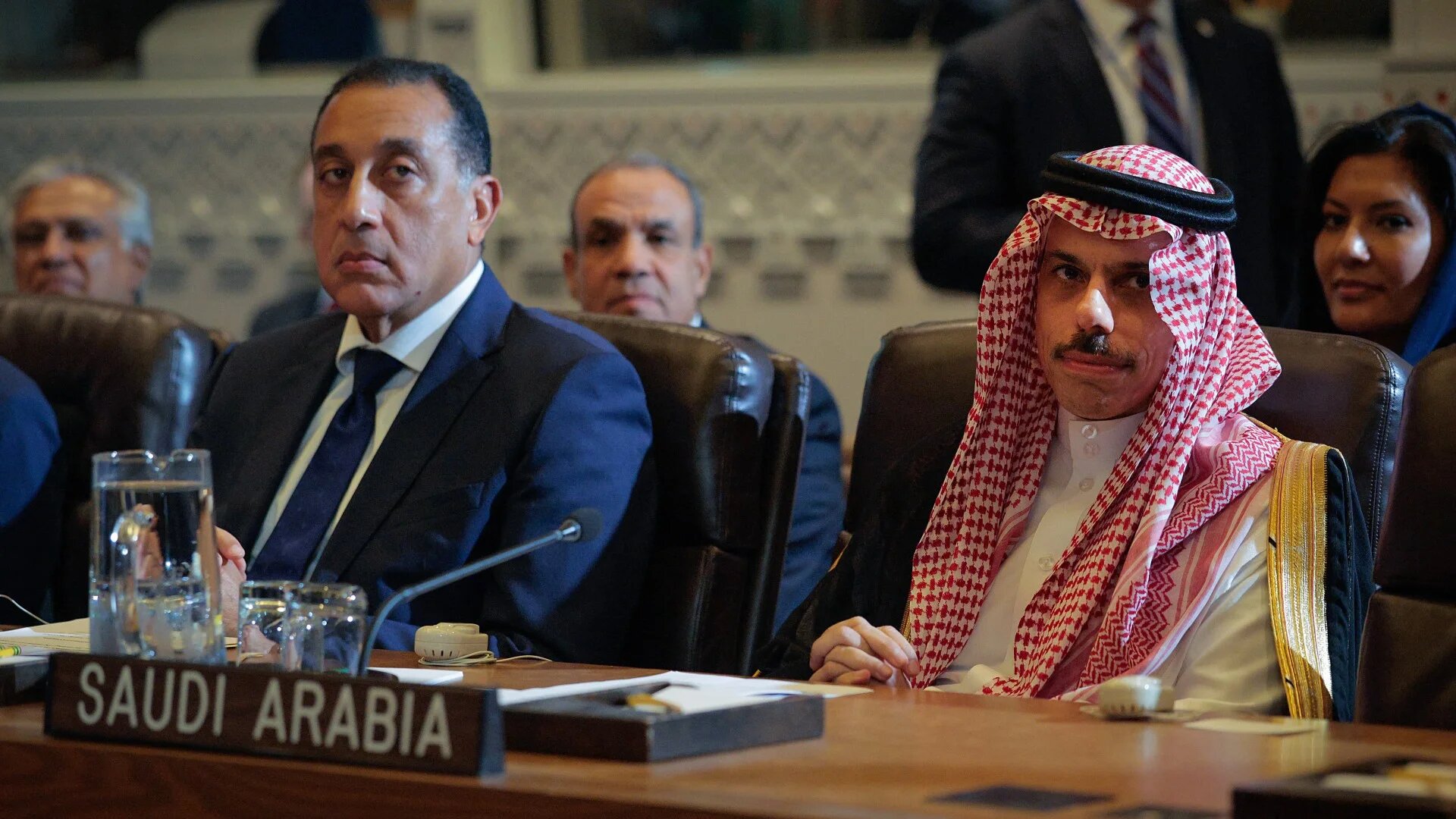 Egypt Prime Minister Mostafa Madbouly and Saudi Foreign Minister Prince Faisal bin Farhan Al Saud at a meeting between leaders of Middle Eastern and Muslim-majority states and Donald Trump in New York on 23 September (Chip Somodevilla/Getty Images/AFP)