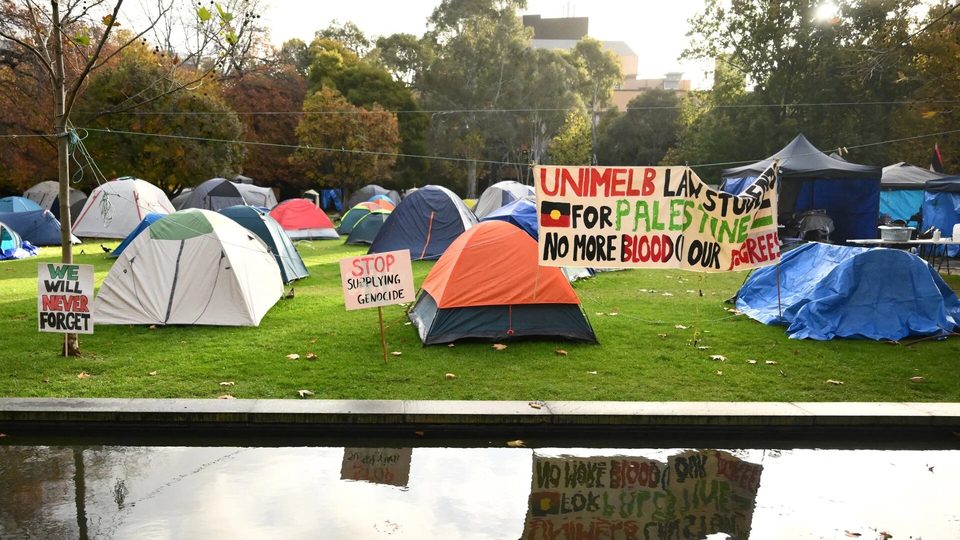 Tents seen at a Pro-Palestine encampment at the University of Melbourne on 17 May (AAP Image/Joel Carrett/Reuters)