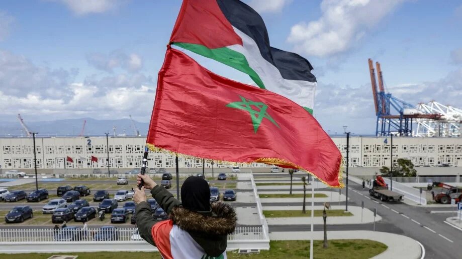 A woman waves Palestinian and Moroccan flags during a protest against Israel’s war on Gaza outside the port of Tanger-Med on 20 April 2025 (Abdel Majid Bziouat/AFP)