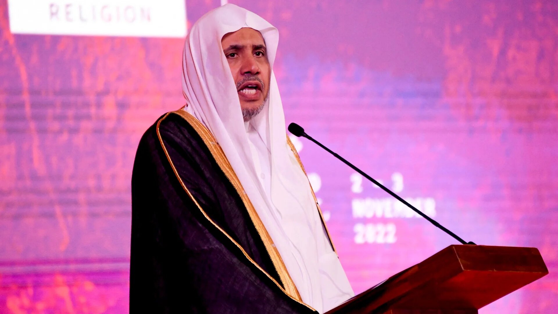 Secretary General of Muslim World League Muhammad bin Abdul Karim Al-Issa  speaks in Nusa Dua on the Indonesian resort island of Bali on 2 November 2022 (AFP/Sonny Tumbelaka)