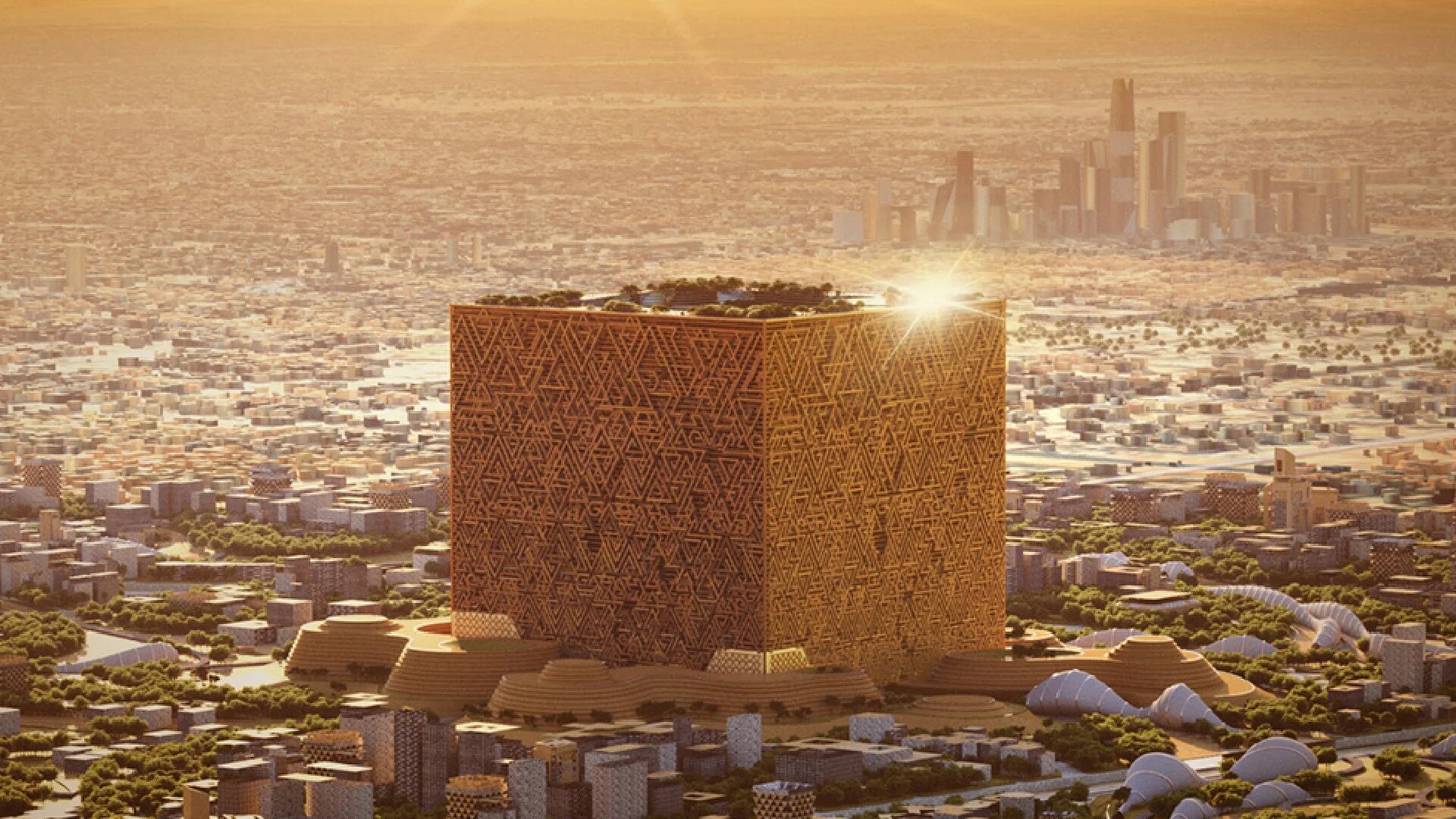 A rendering of the Mukaab in Riyadh, Saudi Arabia, which had been projected to be 400 metres on each side - large enough to fit 20 Empire State Buildings within it (New Murabba Development Co)