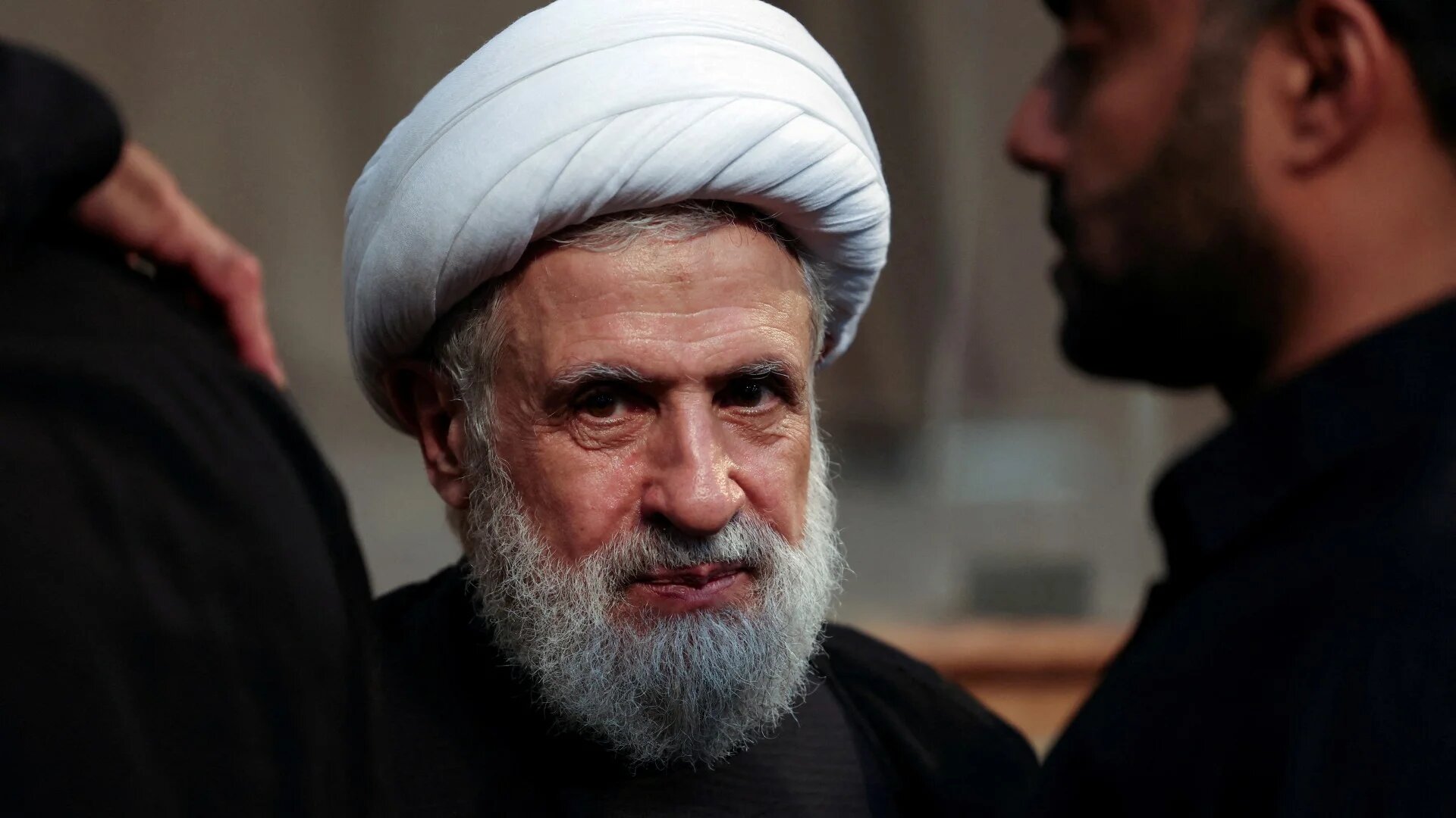 Naim Qassem accepts condolences for the death of Hezbollah senior commander Fuad Shukr in Beirut's southern suburbs, 2 August (Reuters/Mohamed Azakir)