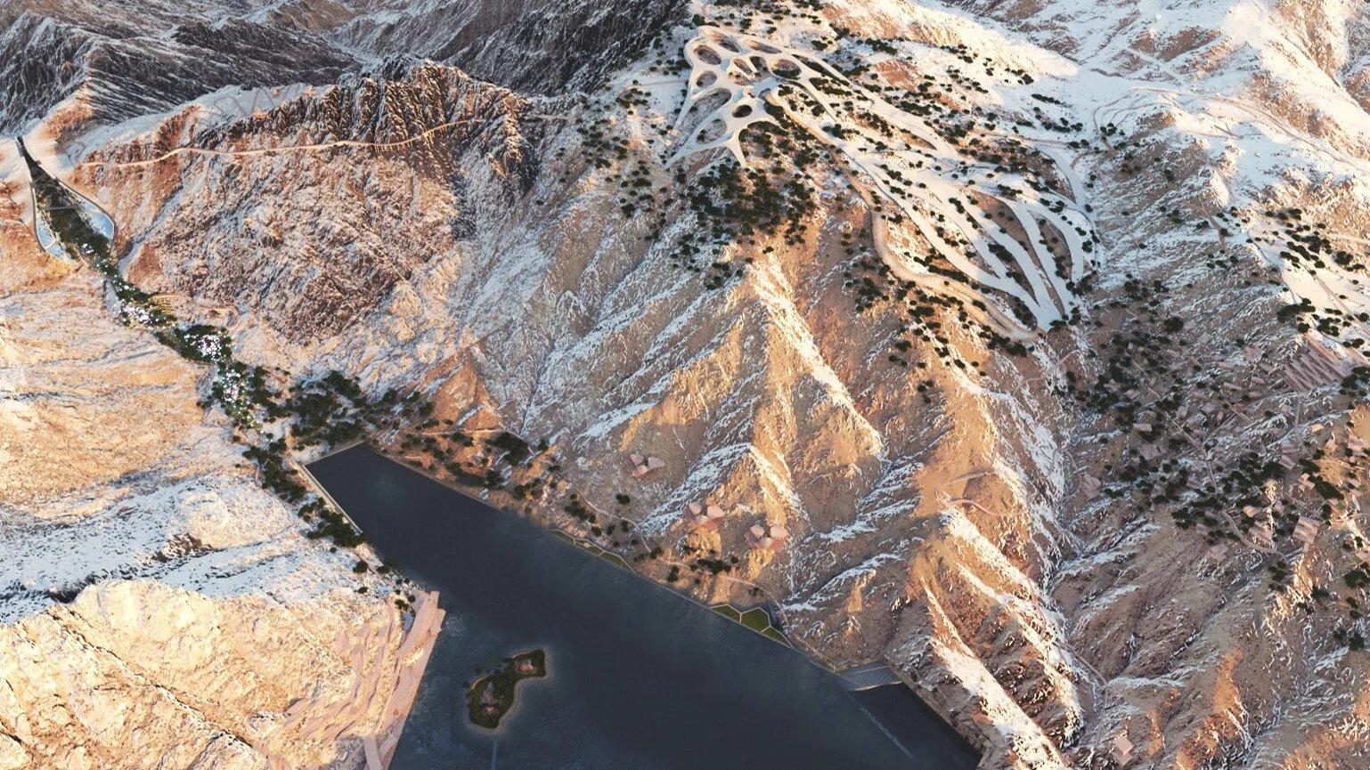 A handout image provided by Neom on 5 October 2022 shows a view of the design plan for Trojena, an area in Saudi Arabia's planned megacity of Neom chosen to host the 2029 Asian Winter Games (AFP/Neom)