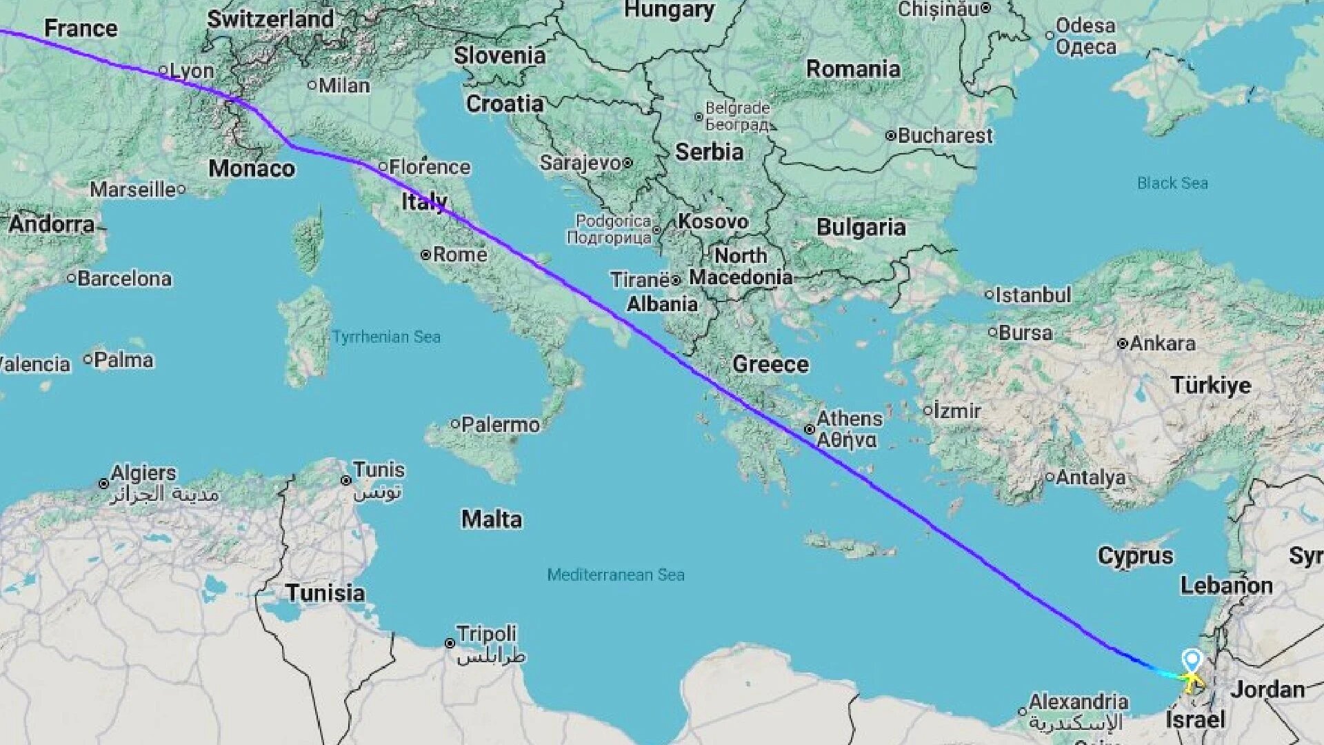 Israeli Prime Minister Benjamin Netanyahu's flight tracker shows its route between Israel and the US, flying over Greece, Italy and France on 7 July 2025 (Flightradar24/Screengrab)