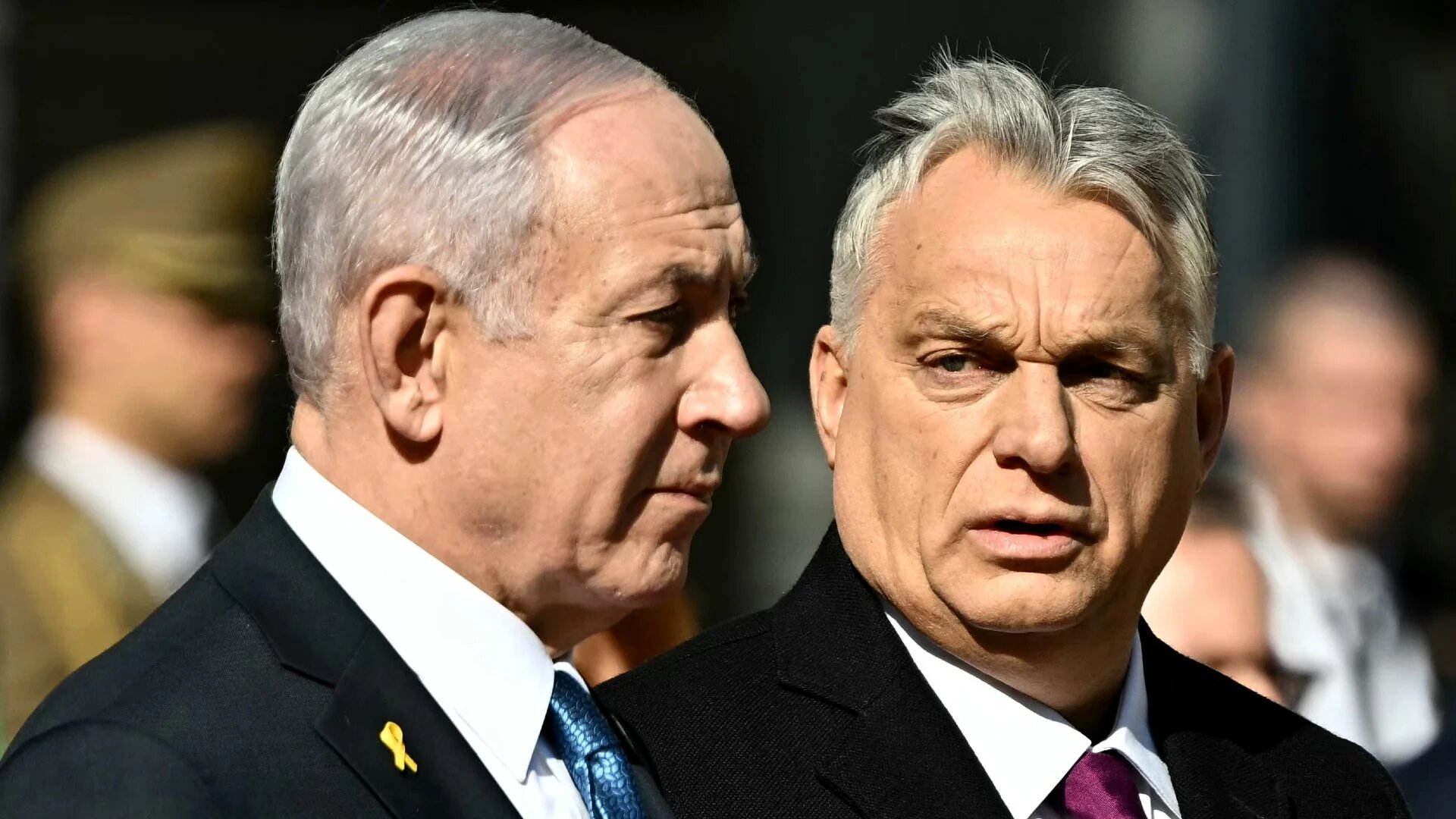 Hungary's Prime Minister Viktor Orban (right) and Israeli Prime Minister Benjamin Netanyahu review a military guard of honour on 3 April 2025 in Budapest, Hungary (AFP)