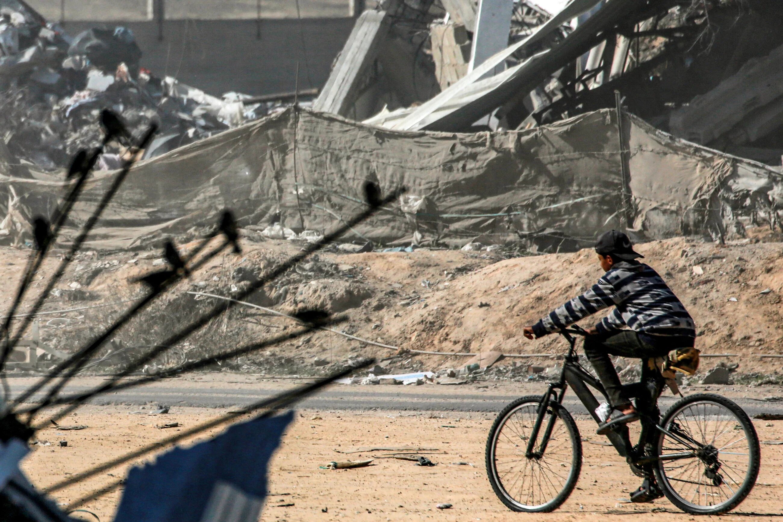 A boy rides his bicycle past destroyed infrastructure east of Rafah in the southern Gaza Strip on 21 January 2025 (Bashar Taleb/AFP)