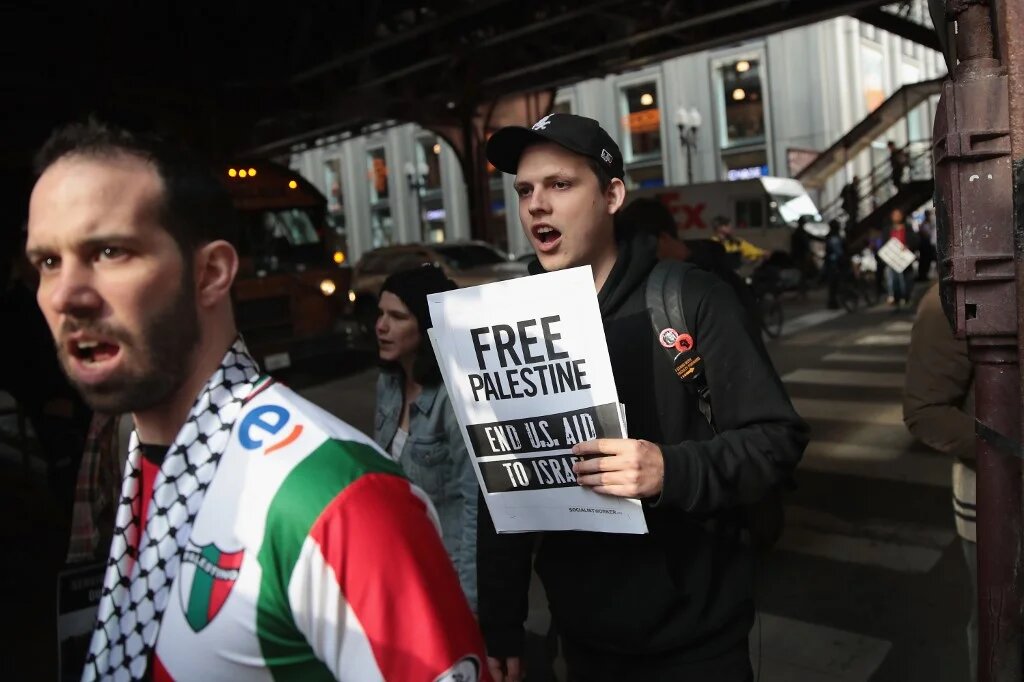 Members of the Palestinian community protest President Donald Trump's embassy to Jerusalem in Chicago, Illinois in 2018.