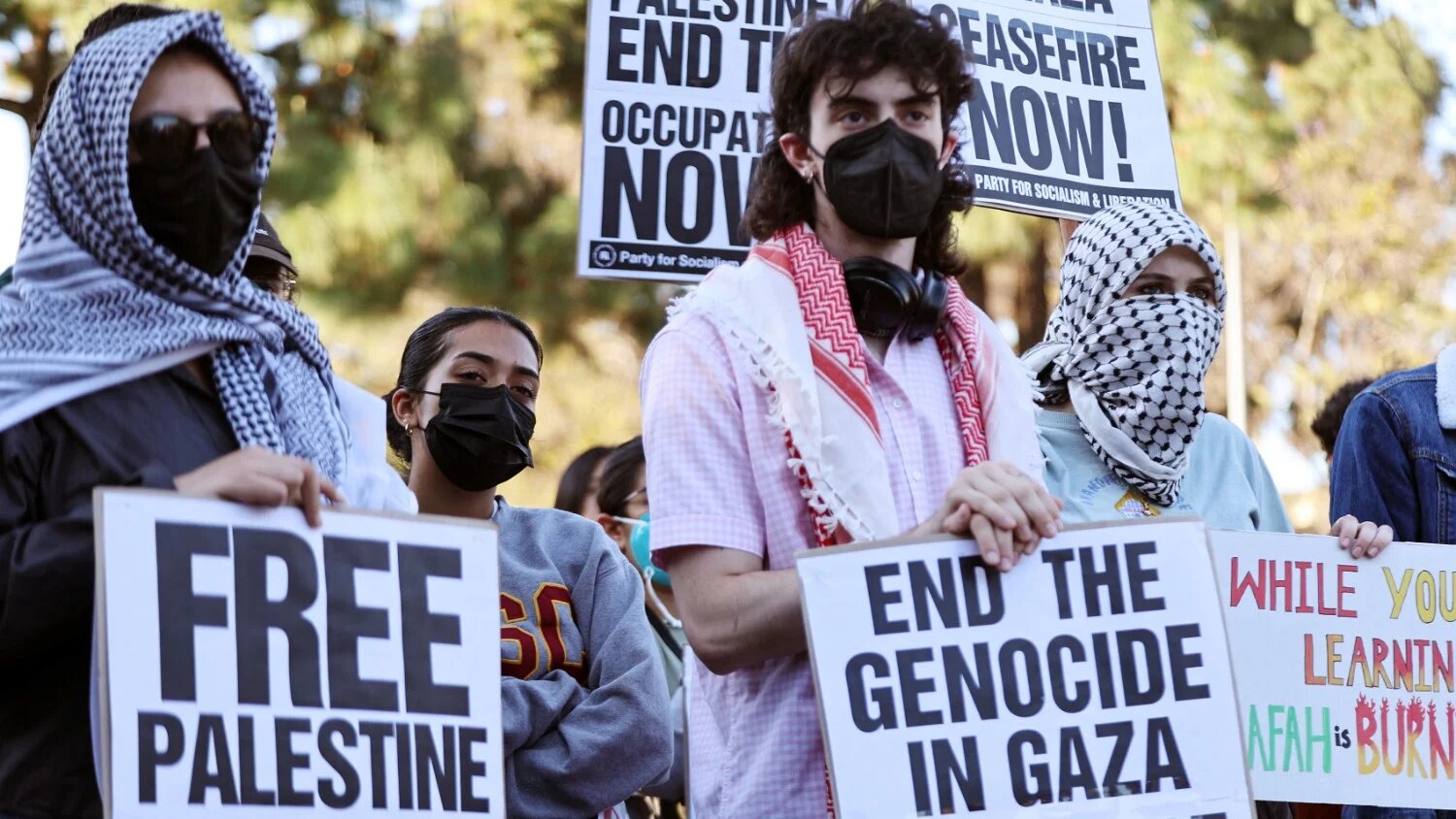 Pro-Palestinian demonstrators rally in front of the University of Southern California (USC) campus, the day before commencement ceremonies are scheduled to begin, on 7 May 2024 in Los Angeles, California.