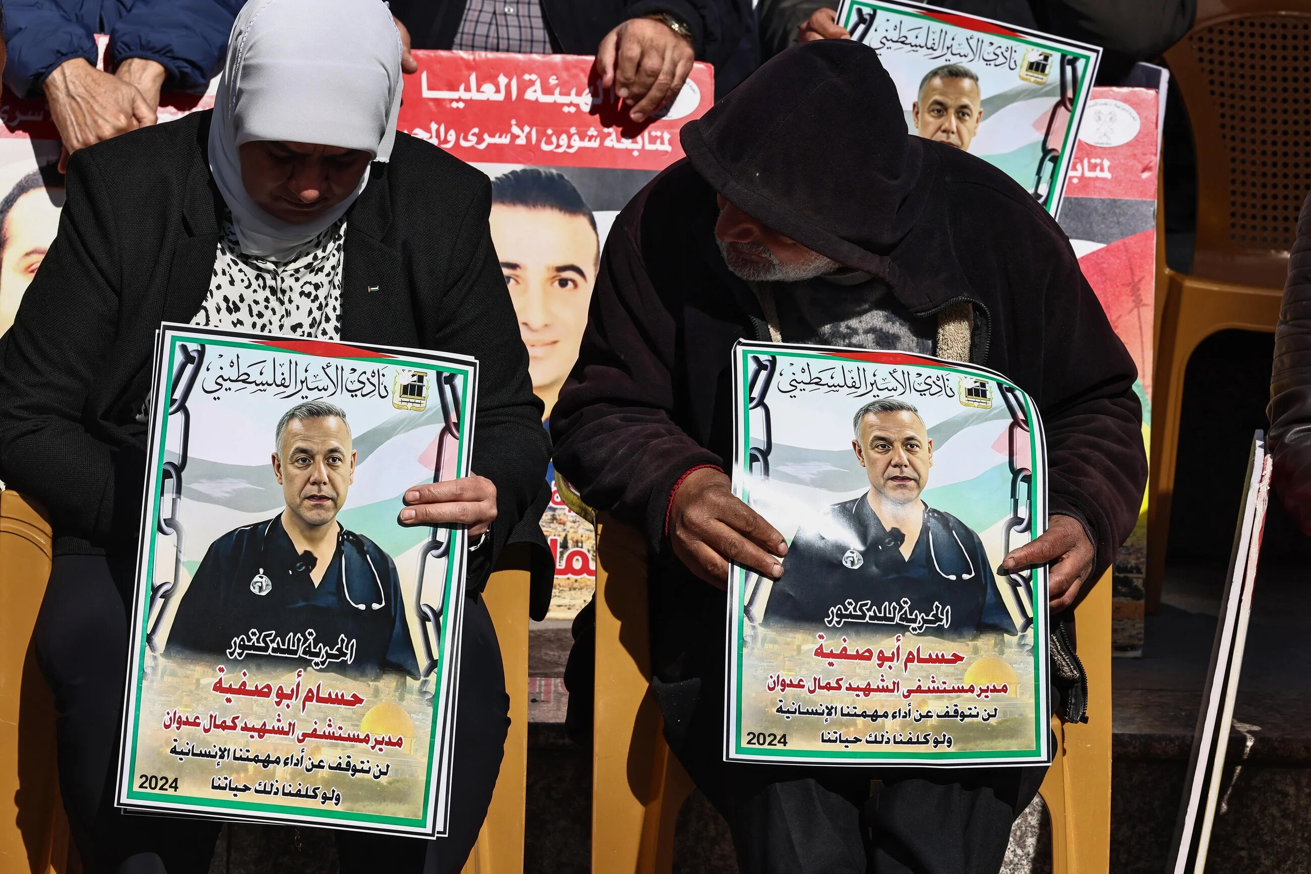 Protests for Palestinians currently detained by Israel, including the director of the Kamal Adwan Hospital in Gaza Dr Hussam Abu Safiya, in Ramallah city in the occupied West Bank on January 14, 2025 (AFP/Zain Jaafar)